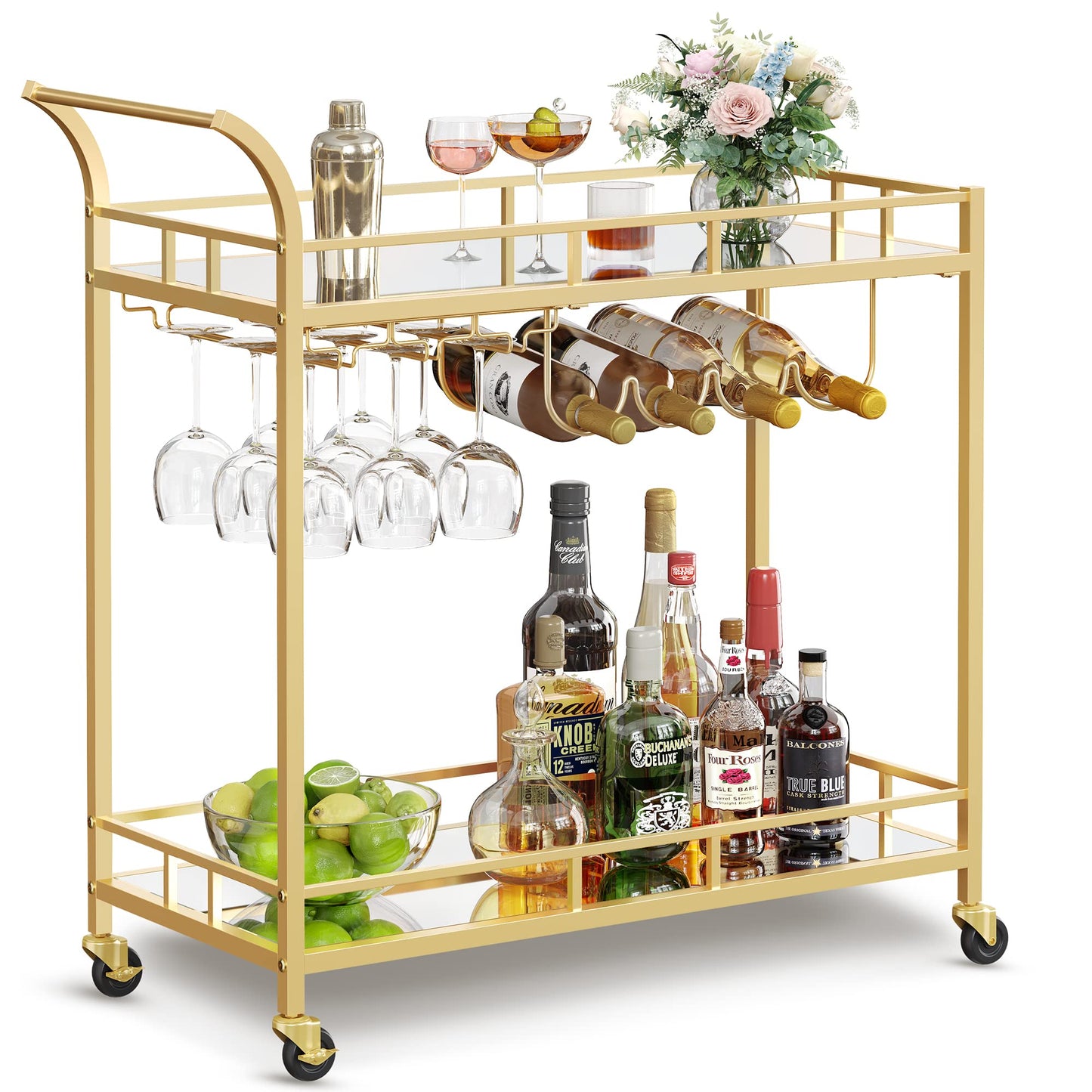 VASAGLE Servierwagen, Rollwagen, Gläserhalter, 2 verspiegelte Glasablagen, Barwagen, Weinwagen, für Küche, Esszimmer, Bar, goldfarben LRC090A03