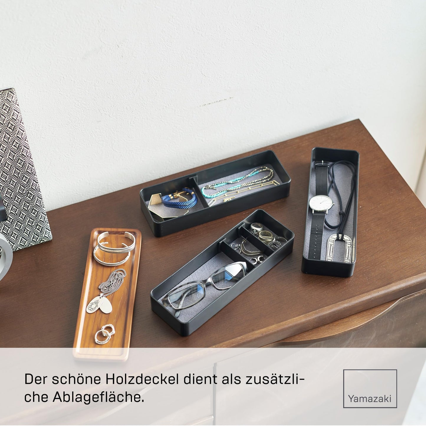 Yamazaki 5810 RIN 3-stöckige schmale Accessoirebox mit Deckel, schwarz, ABS-Harz/Holz, minimalistisch, 24 x 8 x 11.5 cm