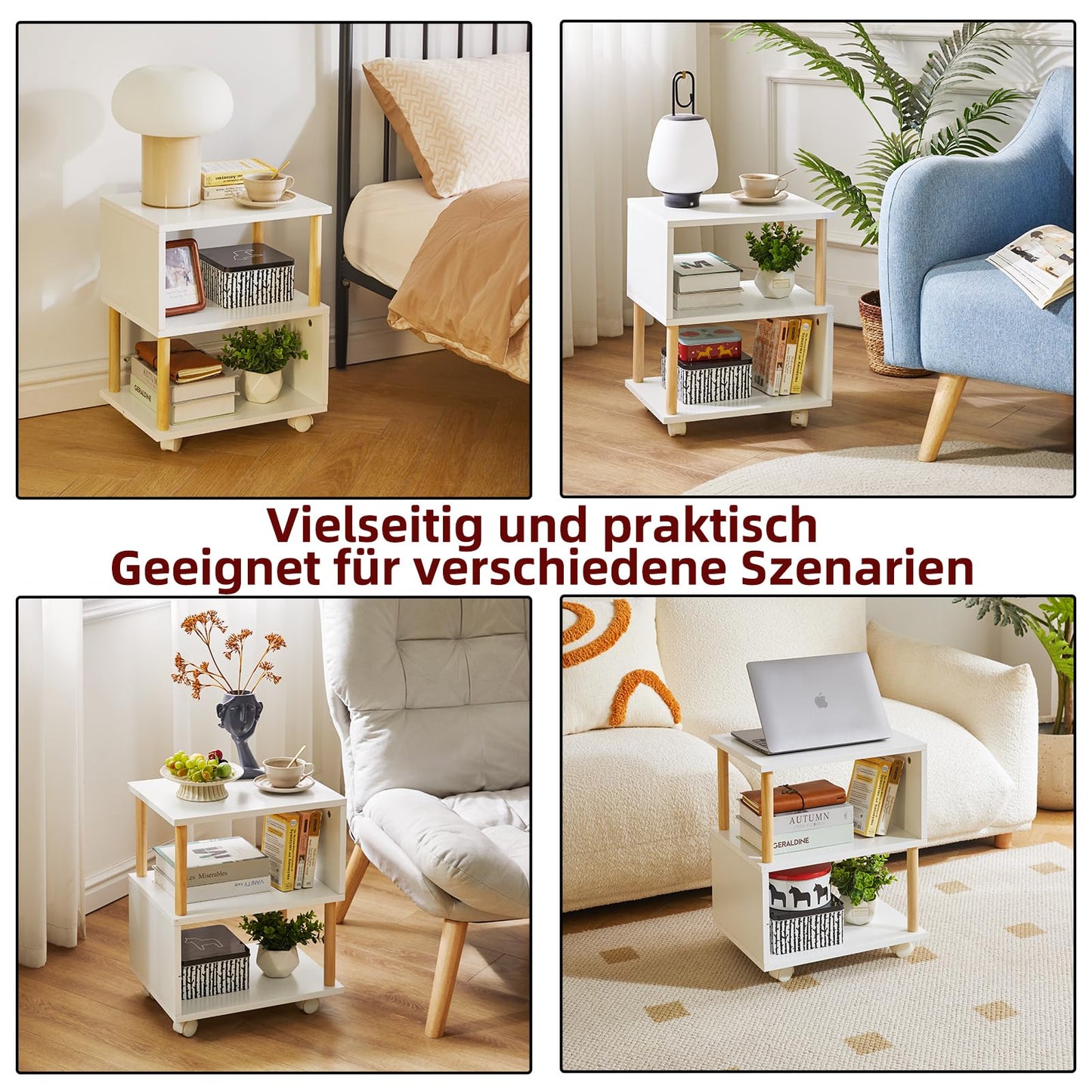 Aibiju 3-stufiger Rollbarer Beistelltisch, Schmaler Nachttisch für kleine Räume, Schlafzimmer, Wohnzimmer