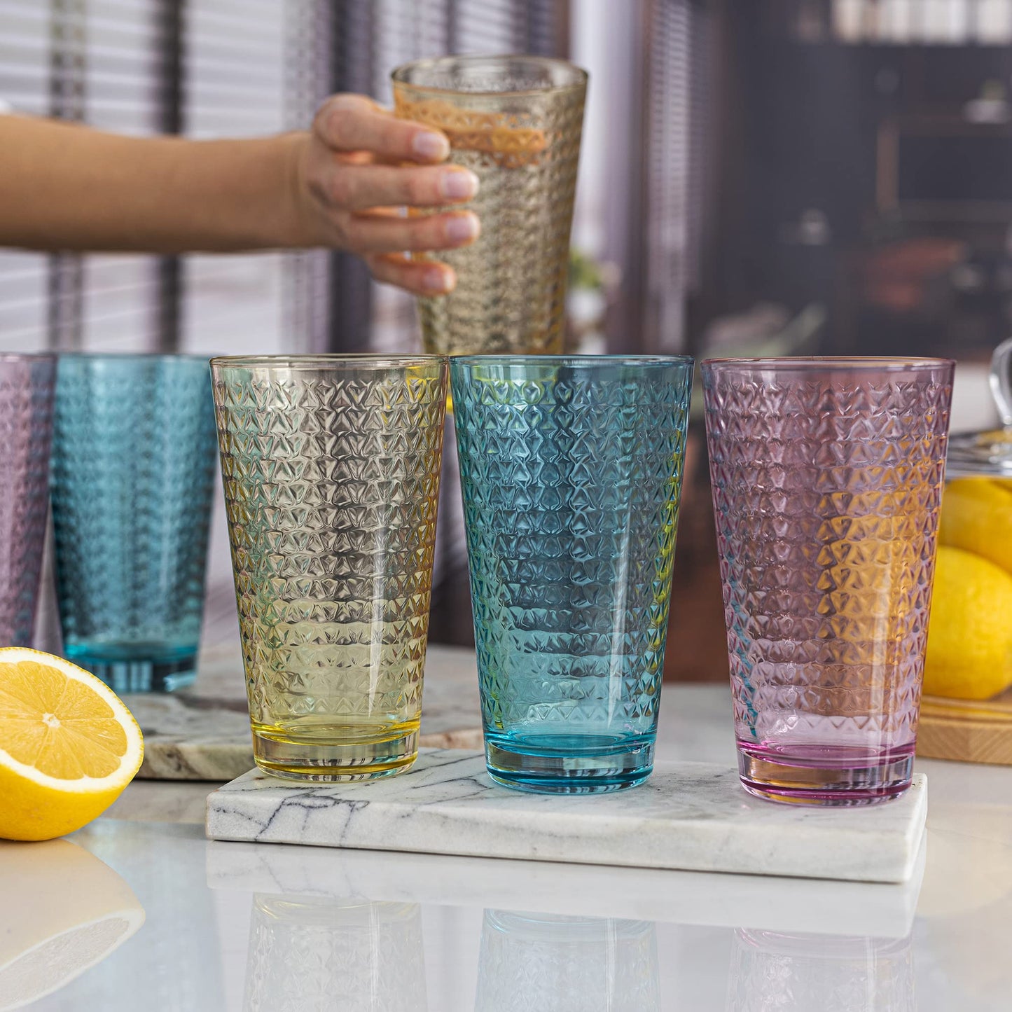 TREND FOR HOME Gläser Bunt 6er Set Trinkgläser 360 ml Cocktailgläser Wassergläser Set Bunt Longdrinkgläser Glas Tumbler Bunte Gläser Caipirinha Trinkglas Wasserglas Geometrisches Muster | Tressa