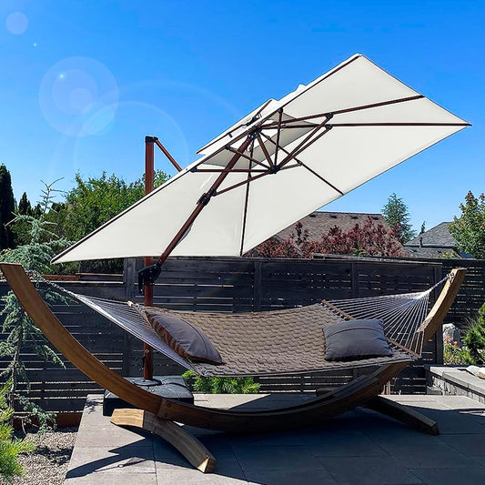 PURPLE LEAF Alu Sonnenschirm Groß Ampelschirm 300 x 300 cm Holzoptik Doppeldach Gartenschirm mit Kurbel 360° Drehbar XXL, Sonnenschutz UV50+, Cream