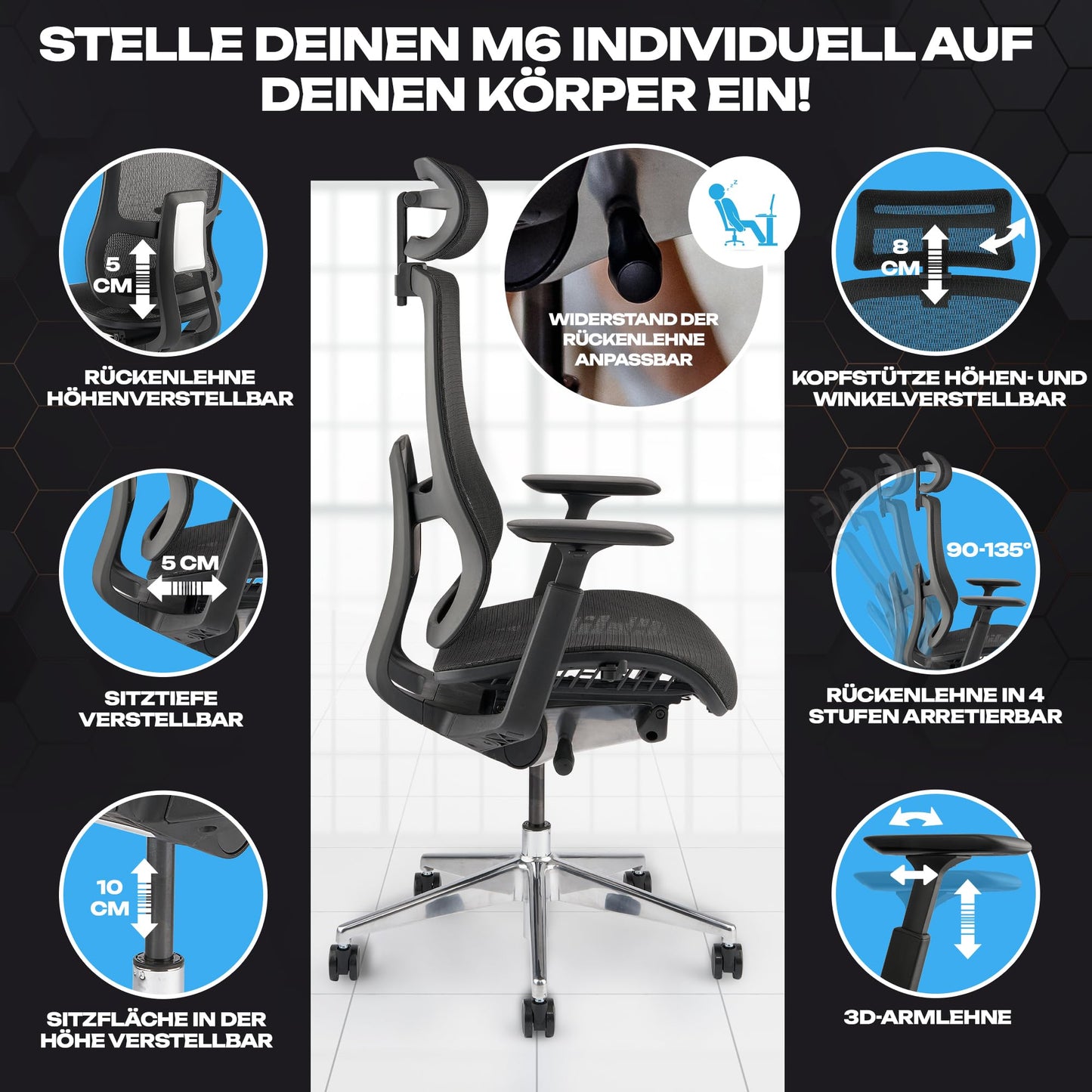 VALKENSTOL M6 Bürostuhl Ergonomisch - Auch für Grosse Menschen, Mesh-Sitz Ergonomischer Bürostuhl Chefsessel Bürostuhl Schreibtischstuhl Office Chair