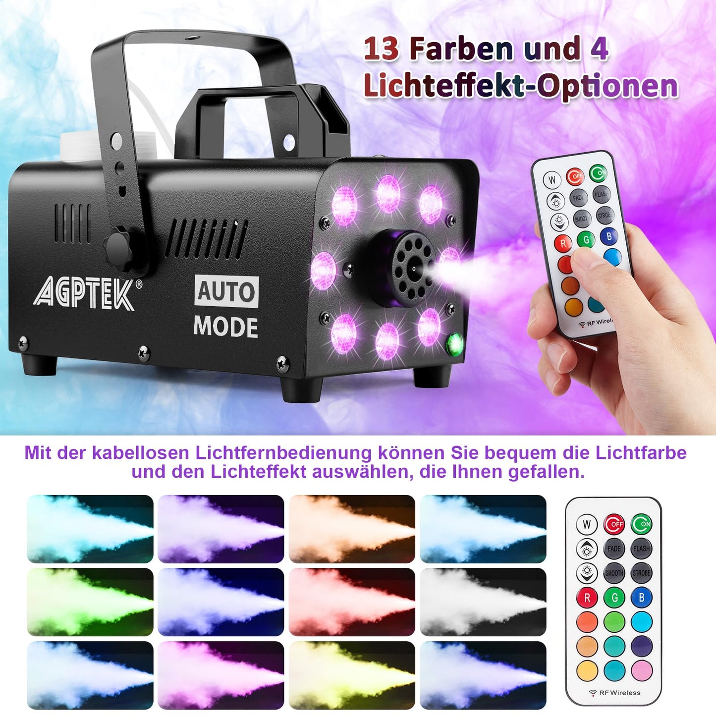 Nebelmaschine, AGPtEK Rauchmaschine mit 13 farbigen LED Lichtern und RGB Effekt, 500W und 2000CFM mit 2 kabelgebundenen und Funkfernbedienungen, perfekt für Hochzeiten, Halloween und Bühnenshows