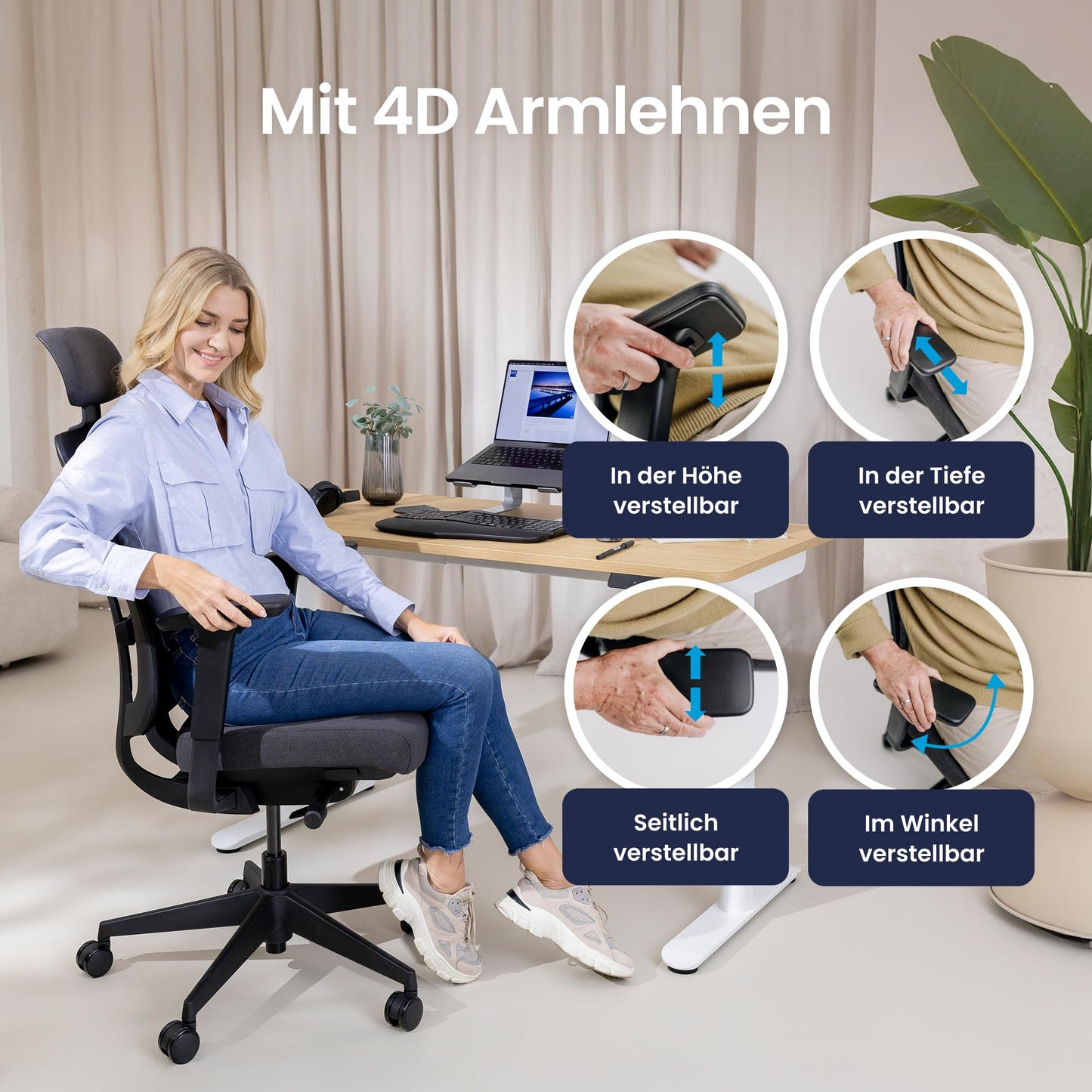 Ergotopia PureBack ergonomischer Bürostuhl – Schreibtischstuhl ergonomisch mit 4D-Armlehnen & Synchronmechanik – Für Home Office, Büro & Gaming – Bequemer Drehstuhl für gesundes Sitzen