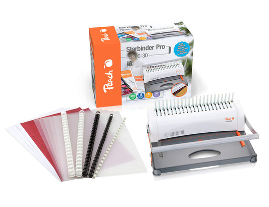 Peach All in one Plastikbindegerät - bis A3 quer - Preis-/Leistungs-Sieger* - bindet 350 Blatt - geeignet für alle marktüblichen Binderücken - inkl. Starterset - PB200-30A
