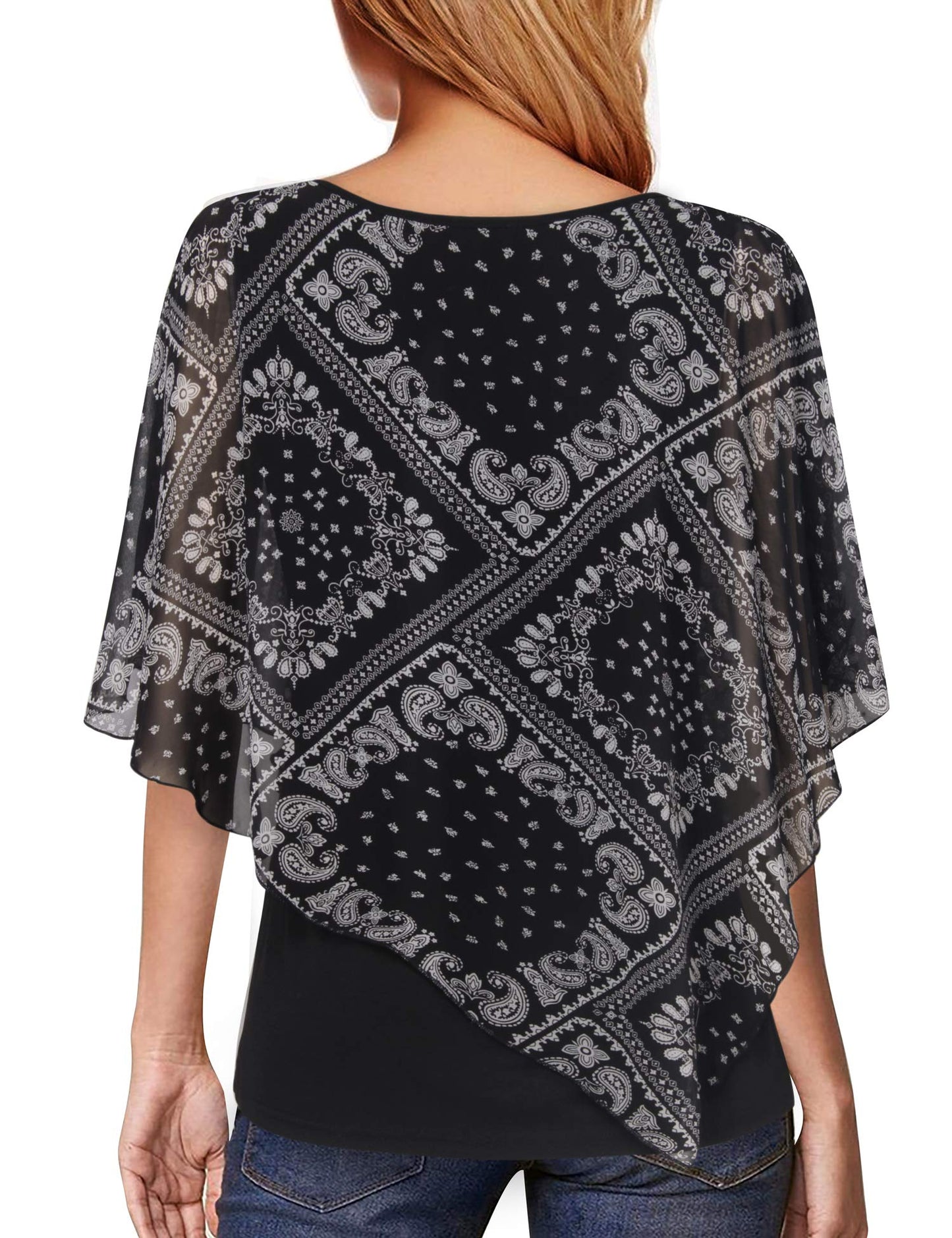 Vafoly Damen Business Casual Top Trendiger Rundhals Fließende Shirt Bedruckter Chiffon Doppellagiger Poncho Tunika Leichte Sommer bluse Unregelmäßiger Saum Modisches Arbeitstop 2022 Schwarz Weiß XXL