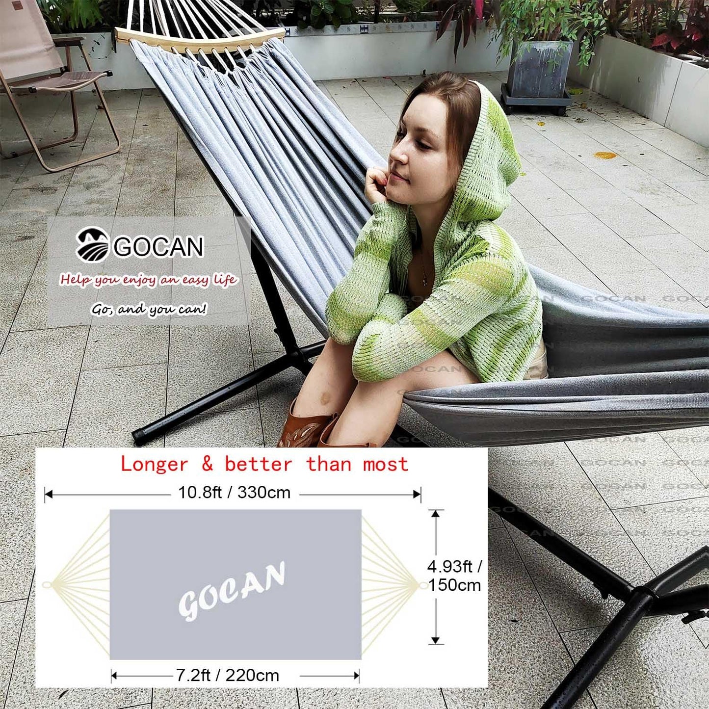 GOCAN Doppelhängematte 2 Person Large 220x160cm mit Stahlständer und Abnehmbarer Spreizstange Last 500lb, Leinwand Baumwollhängematten für Patio Veranda Garten Hinterhof Outdoor und Indoor, grau