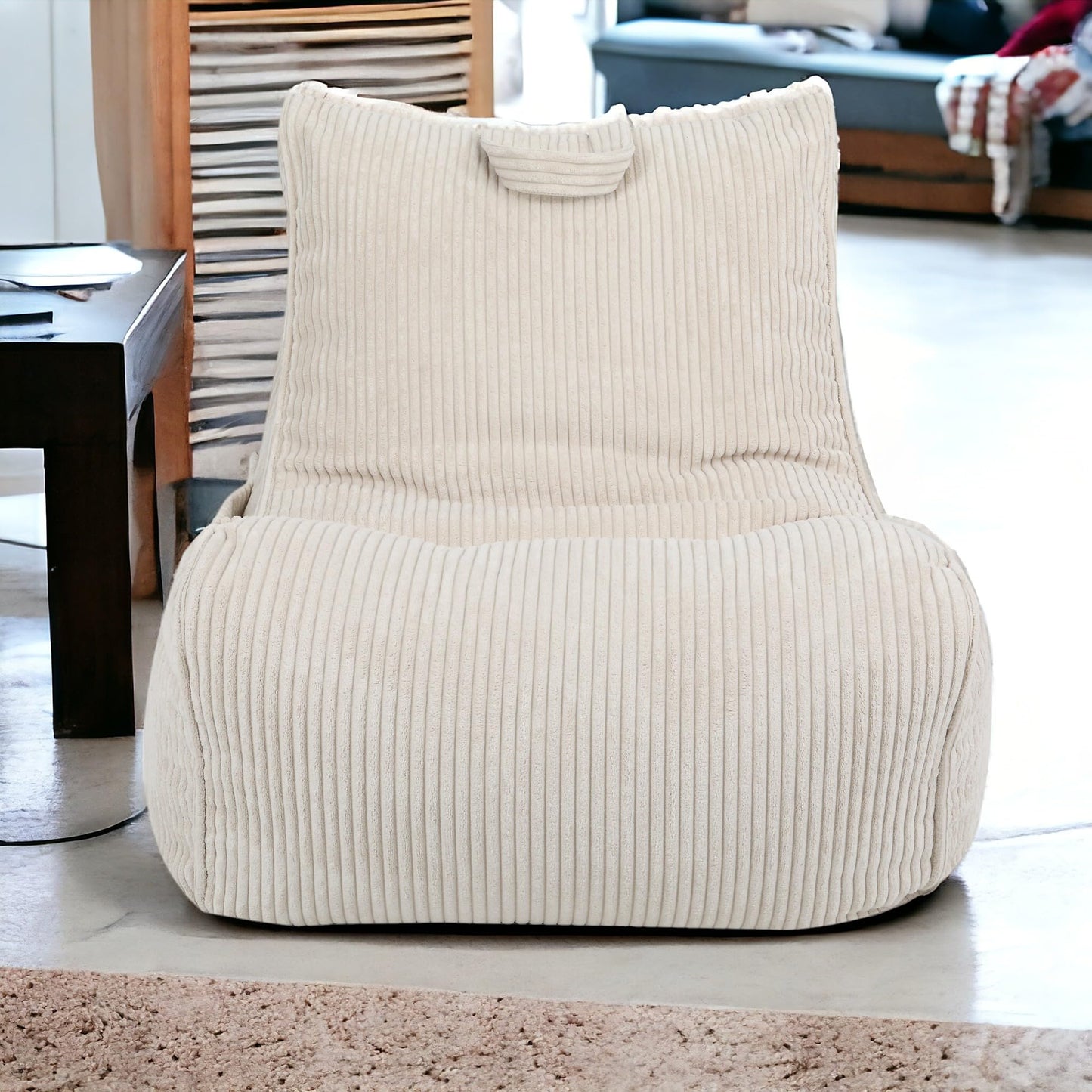 Ecopuf Flavio - Sitzsack Wohnzimmer - Sitzpouf Samt - Weicher Sack Pouf mit Tasche und Griff, gepolstert - Entspannungssessel - Strickhocker - Wohnungseinrichtung - Creme Weiß Sz03