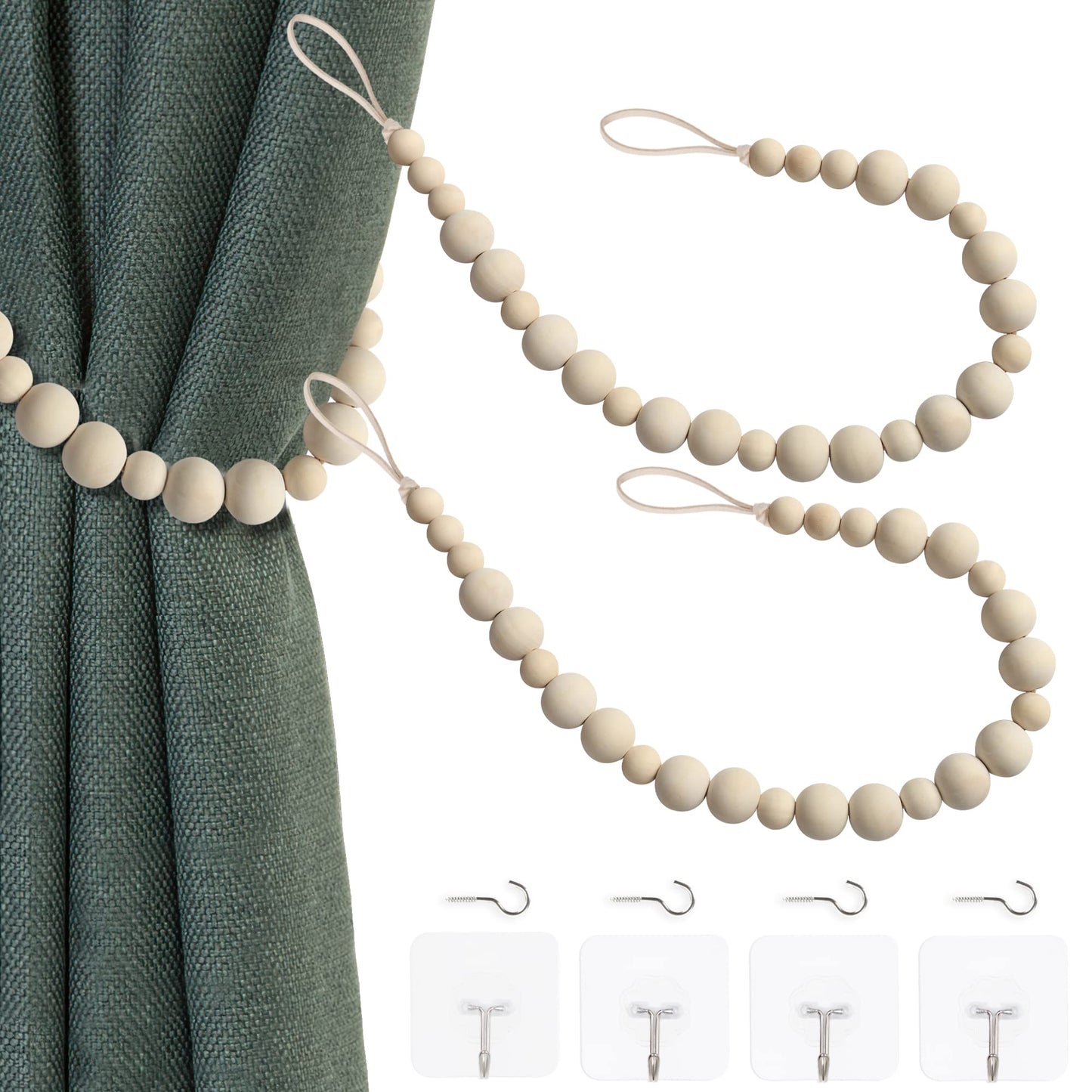 OCIOLI 2 Stück Holzperlen Vorhang Raffhalter Boho Vorhang Raffhalter Vorhang Halter für Wand Bauernhaus Vorhang Raffhalter Fensterbehandlung Vorhang Raffhalter mit Haken Gardinenhaken (2, Holz)