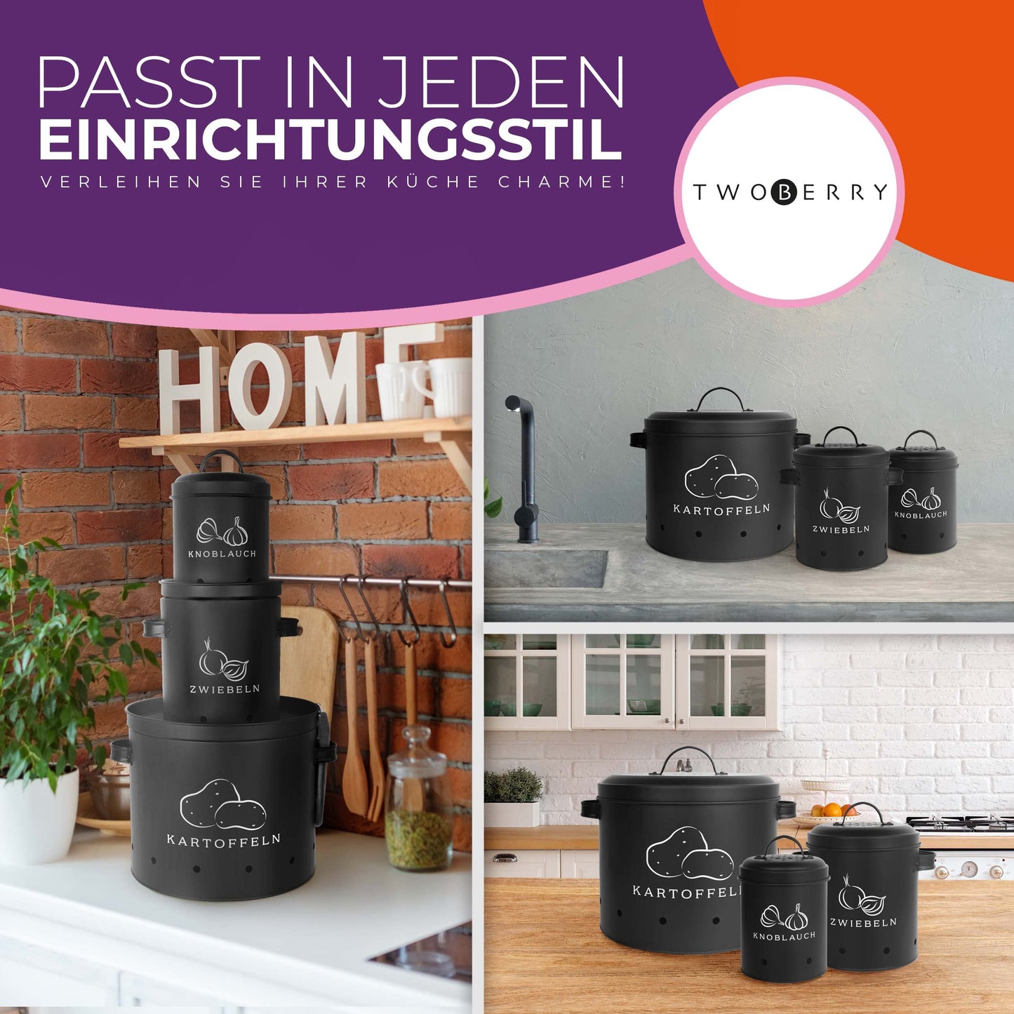 TWOBERRY Kartoffel Aufbewahrungsbox [3er Set] inkl. Sparschäler- längere Haltbarkeit durch 360° Luftzirkulation - Zwiebel , & Knoblauch Aufbewahrung Küche