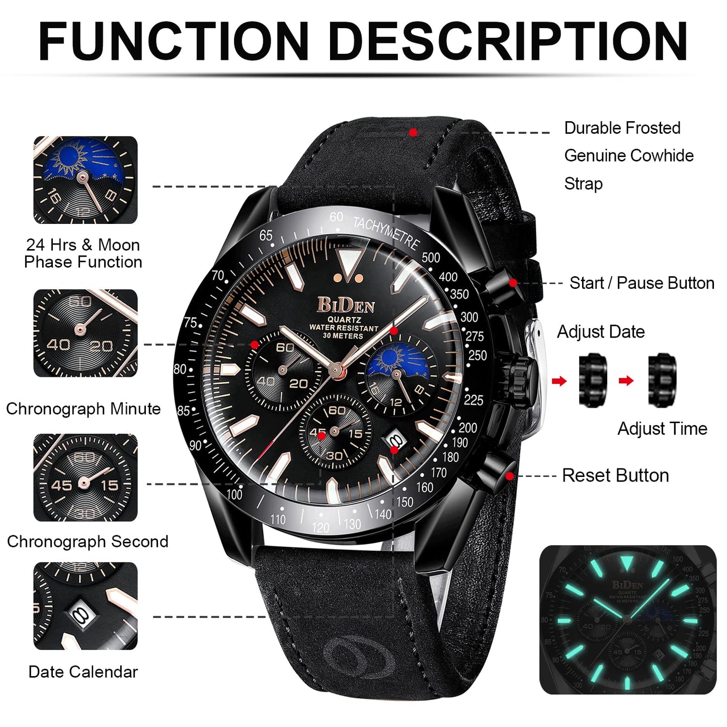 HANPOSH Herren Uhr Chronograph Uhren Herren Chronograph Edelstahl Wasserdicht Analog Quarz Armbanduhr Herren mit Datum Leuchtende Business Casual Uhren fur Männer (A06- Alle Schwarz)