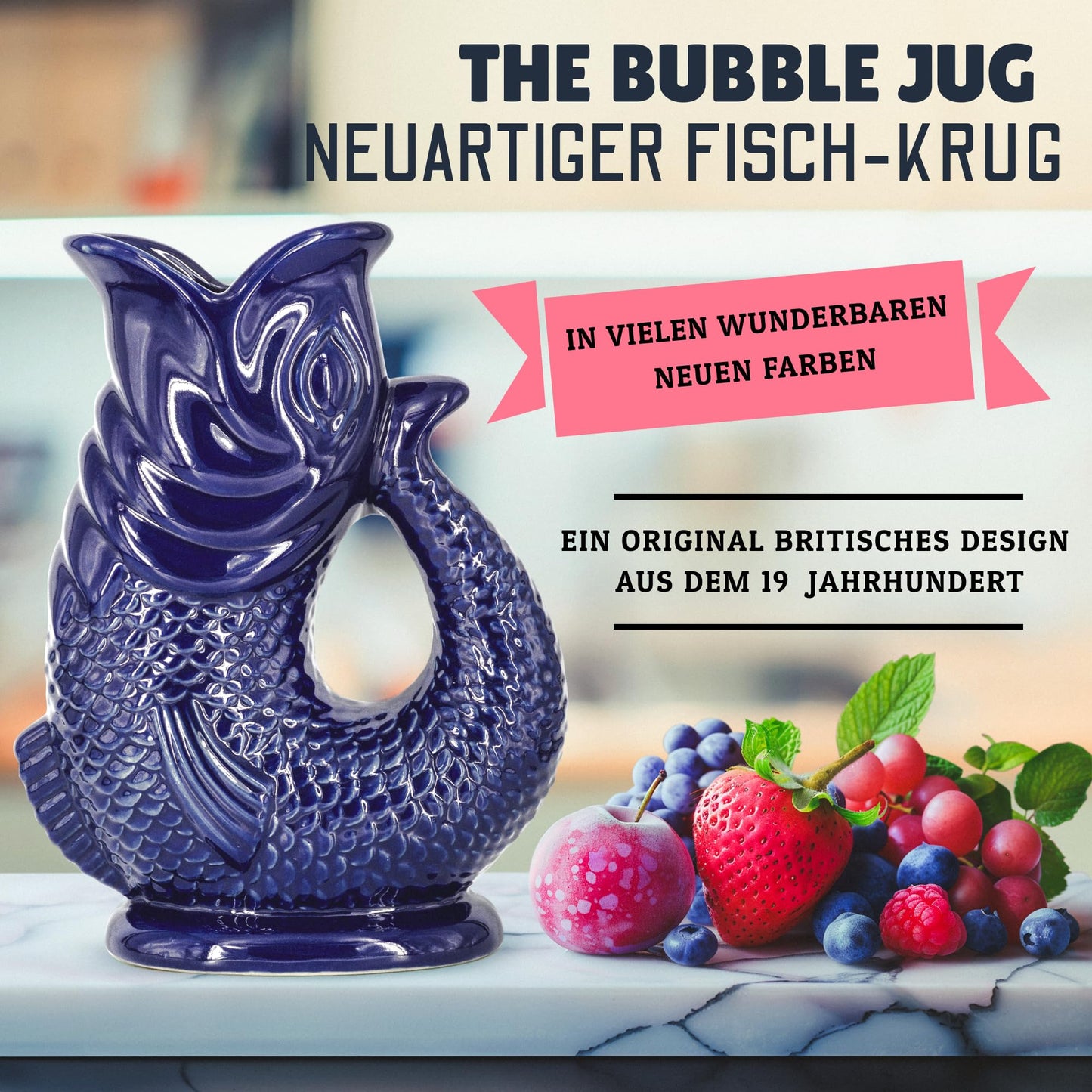 Bubble Jug Wasserkaraffe Keramikkrug in Fischform - 1,5 L, Enteneiblau - Fisch Karaffe mit Gluckergeräusche für lustiges ausgießen von Wasser, Wein & mehr - Bubble Jug Karaffe Fisch - Fischkrug