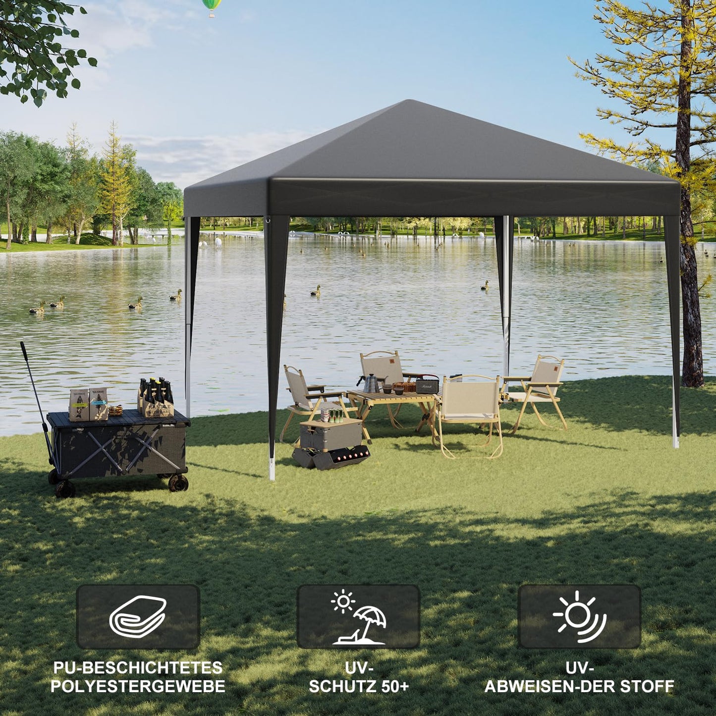 Devoko Faltpavillon Wasserfest 2x2m Pop up Pavillon UV Schutz 50+ Pavillon Faltbar Höhenverstellbar Pavillon Camping Wasserdicht Metallrahmen(Grau,ohne Seitenteile)