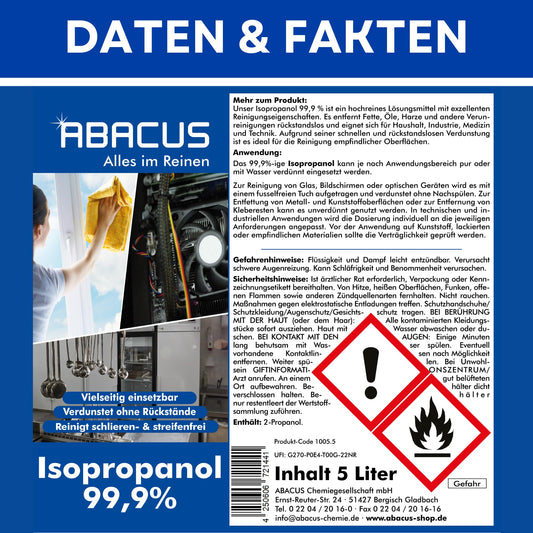 ABACUS® Isopropanol 99,9% | 2x 5L | Isopropylalkohol 99,9% | Reinigungsalkohol für Haushalt, Industrie, Elektronik & Kosmetik | Entfettet & reinigt rückstandslos | nicht leitend