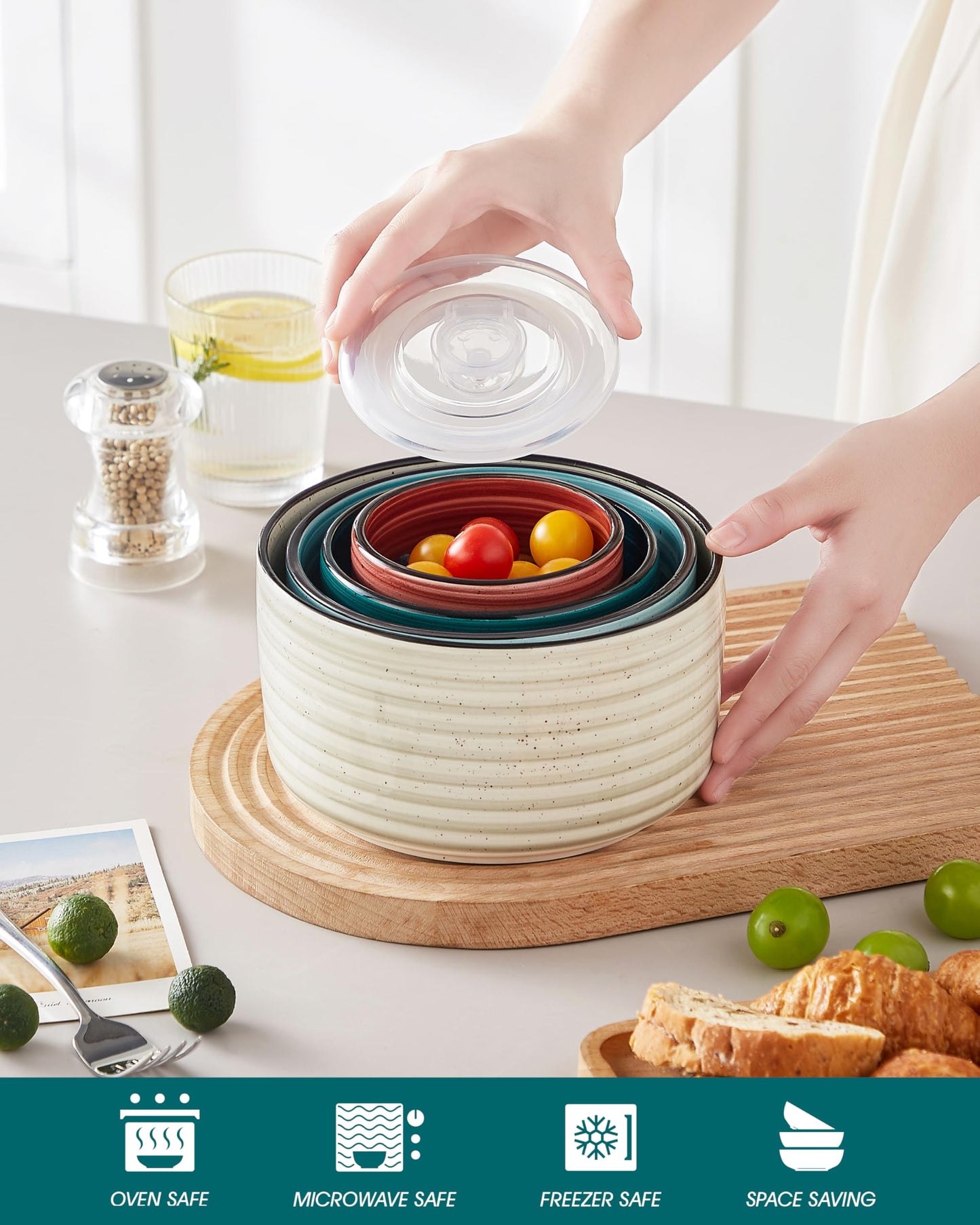 vancasso Bonbon Keramik-Schalen mit Deckel, mikrowellengeeignet, Lebensmittelbehälter für Vorbereitung, Salat, Suppe, Nudeln, Kochen und Servieren, 4 Stück (152 ml, 36 ml, 20 ml, 284 ml), mehrfarbig