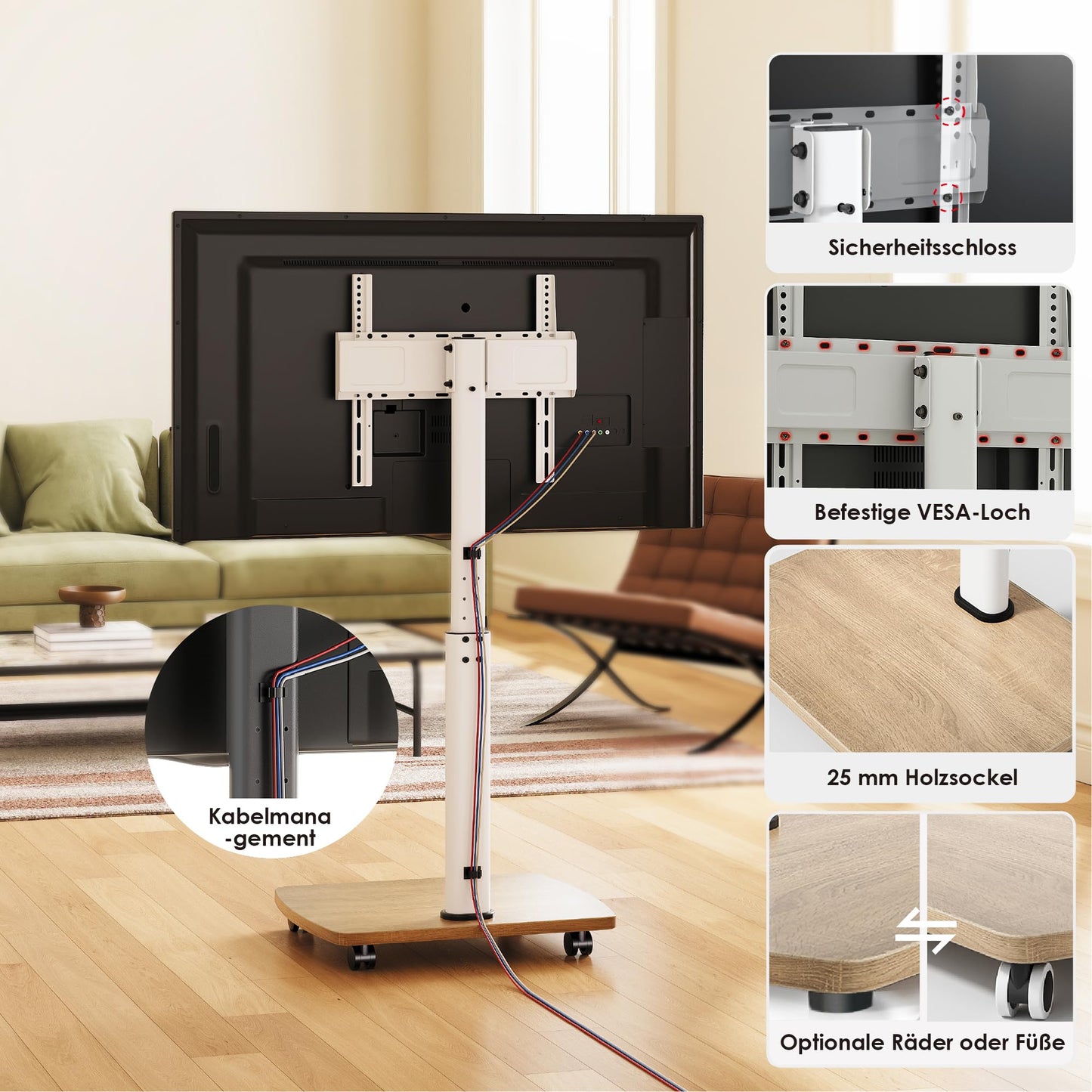AOKCOS TV Ständer Rollbar mit Holzablage, Fernsehständer auf Rollen für 32-65 Zoll Fernseher, TV Bodenständer Höhenverstellbar Schwenkbar, bis 40 kg Max. VESA 400x400mm (Weiß+Natur)