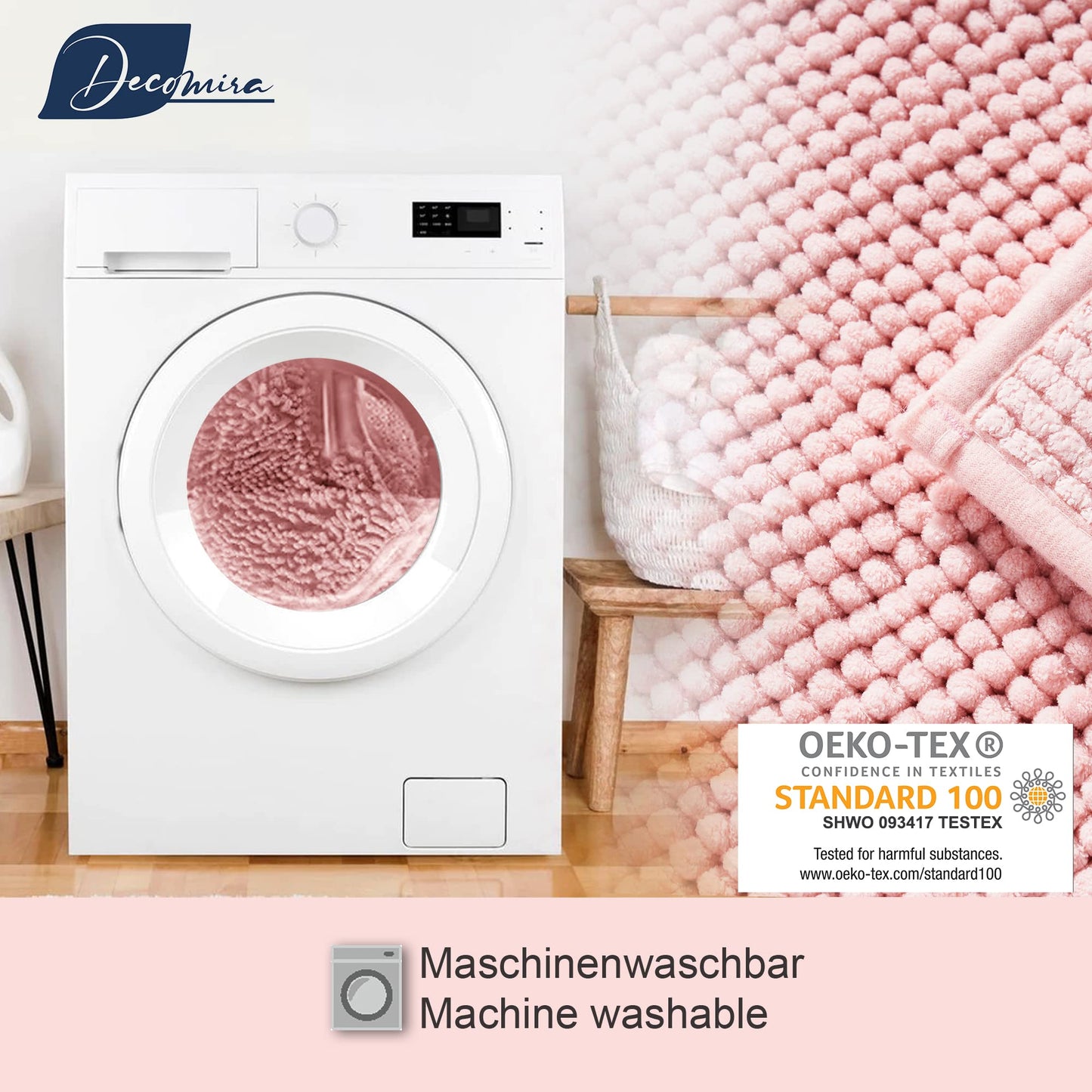 Decomira Badematte rutschfest | Als Badteppich Set kombinierbar | Badezimmer-Teppich Bad-Vorleger waschbar aus Chenille | Duschvorleger für Dusche, Badewannen, WC Deko | Rosa - 50x150 cm