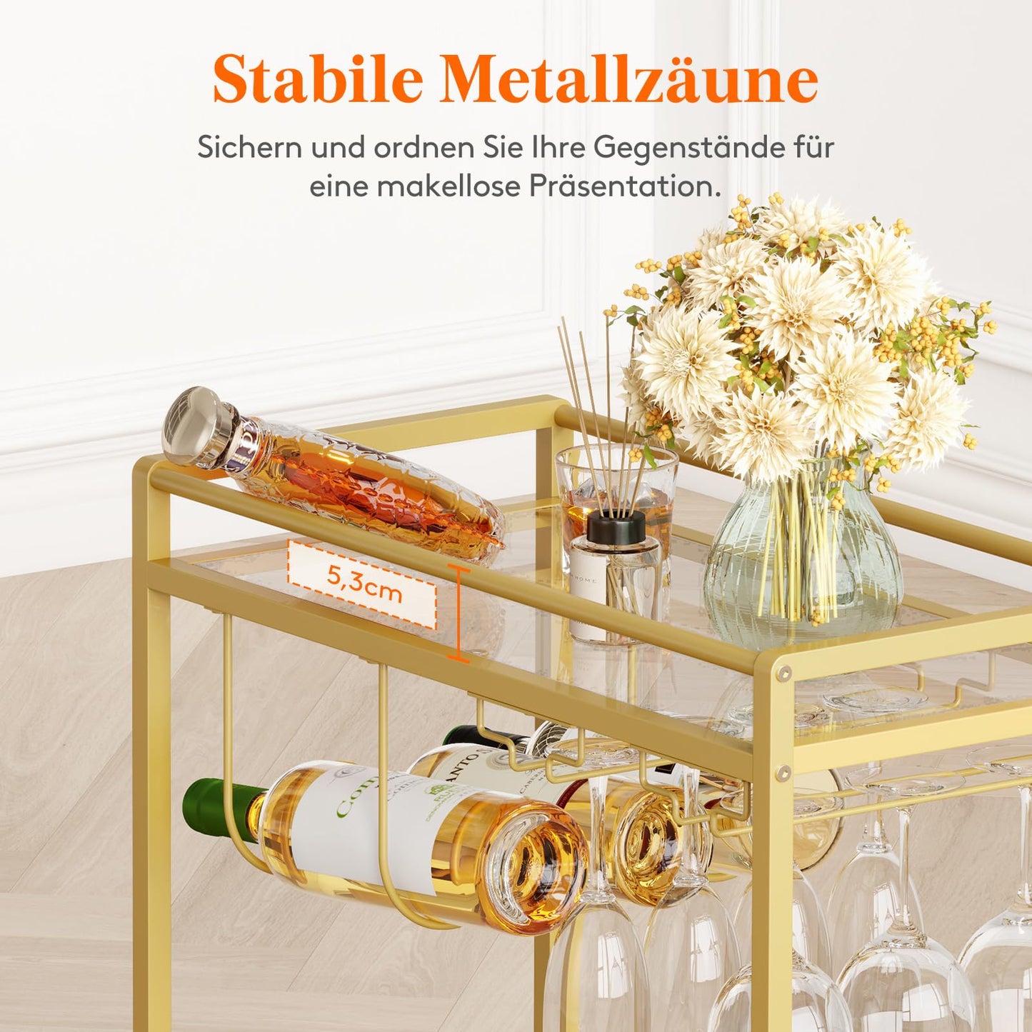 Lifewit Barwagen, Servierwagen mit 2 Etagen Glasböden, rollender Alkoholwagen mit feststellbaren Rädern, Glashalter und Weinregal, Getränkewagen für Küche, Esszimmer und Wohnzimmer, Gold
