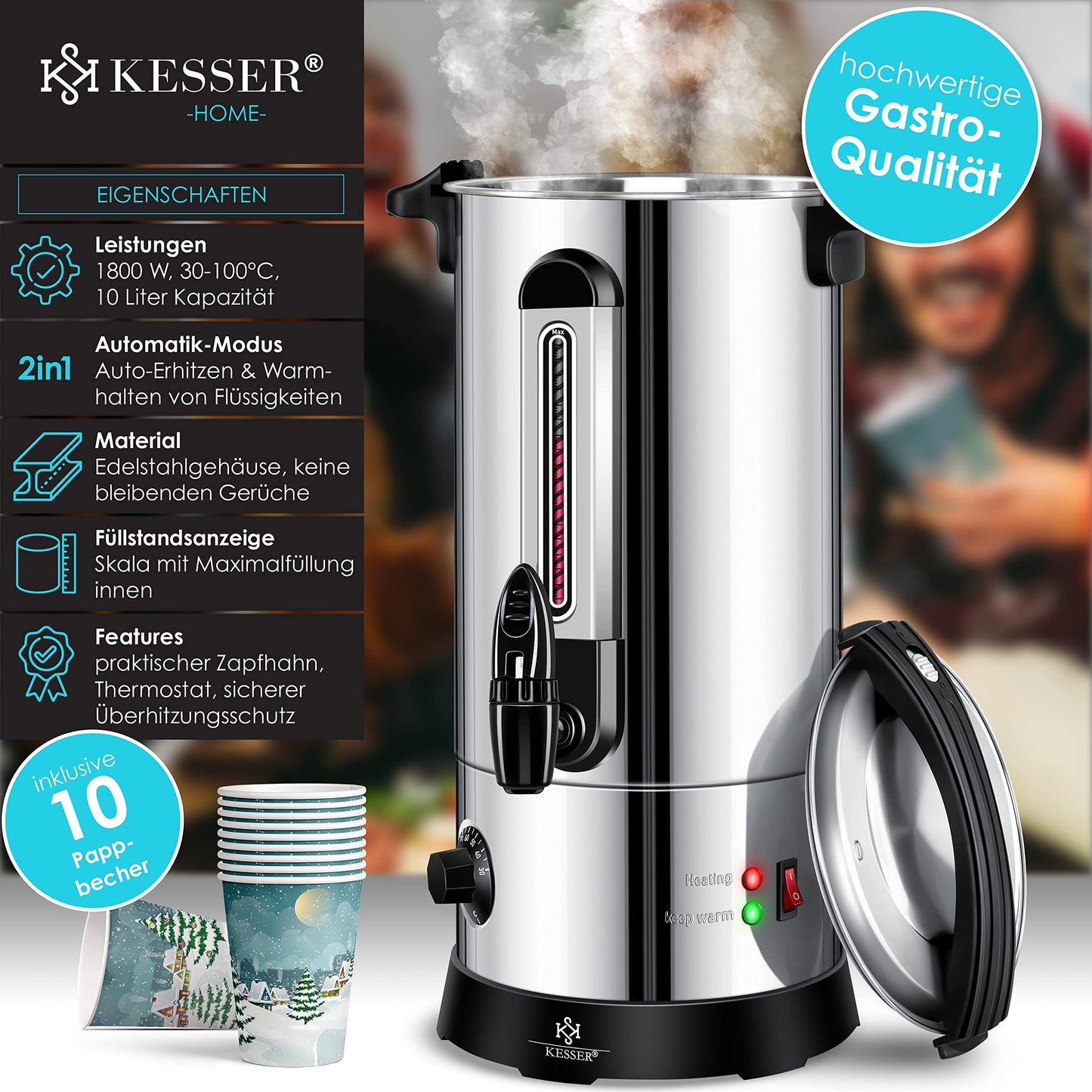 KESSER® Glühweinkessel 10L Edelstahl Inkl. 10x Becher Glühweinkocher mit Thermostat Glühweinautomat Heißgetränkeautomat Wasserkocher Heißwasserspender Einkochautomat Füllstandanzeige Zapfhahn