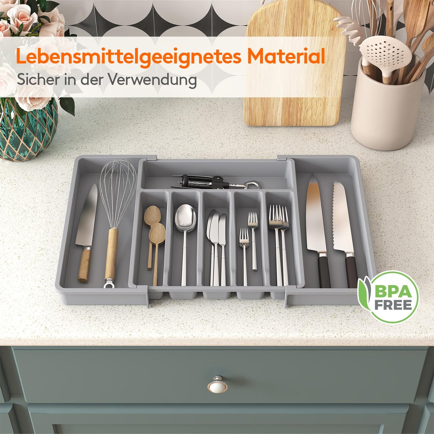 Lifewit Besteckkasten für Schubladen,erweiterbarer Besteckhalter Utensilienhalter für Küchenschubladen, kompakt Besteckeinsatz für Küche Organizer aus Kunststoff für Löffel,Gabeln, Messer, Grau