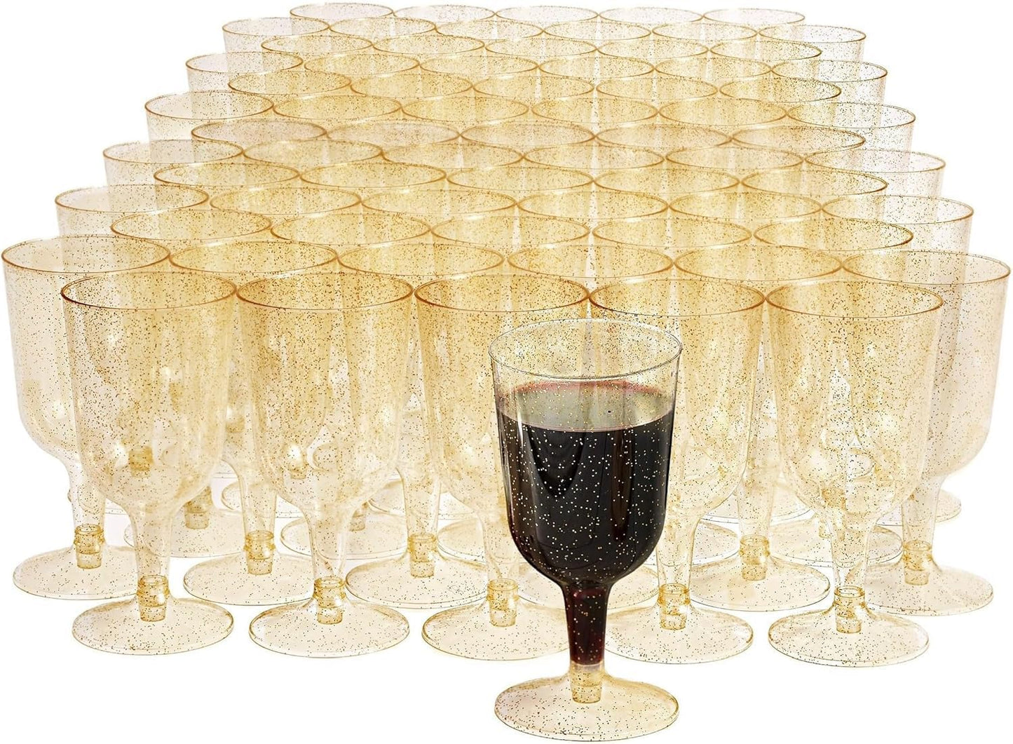 MATANA 50 Premium Weingläser Plastik mit Goldglitter, 180ml - Weingläser aus Kunststoff, Glitzer Weingläser, Cocktailgläser, Weinbecher, Plastikbecher für Hochzeiten, Partys - Stabil & Mehrweg