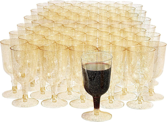 MATANA 50 Premium Weingläser Plastik mit Goldglitter, 180ml - Weingläser aus Kunststoff, Glitzer Weingläser, Cocktailgläser, Weinbecher, Plastikbecher für Hochzeiten, Partys - Stabil & Mehrweg
