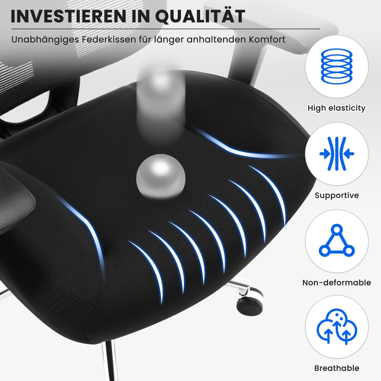 Fantasylab 3D Ergonomischer Bürostuhl 200KG Großer und hoher Bürostuhl mit 3D Weiches Kissen 4D Armlehnen Schreibtischstuhl Mesh Bürostuhl für Haus und Büro Atmungsaktiver Netz-Chefsessel