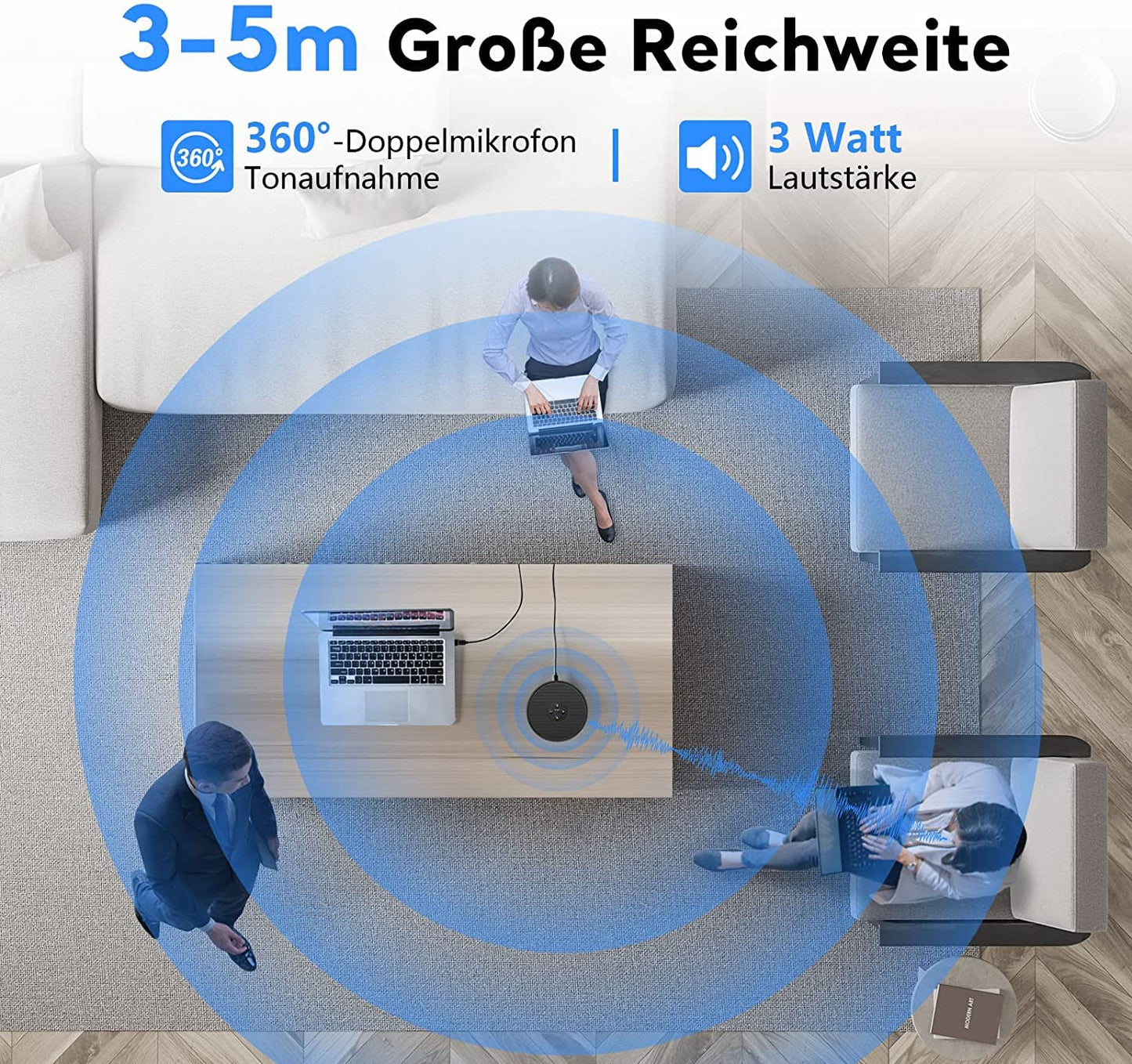 EMEET M1A Konferenzlautsprecher mit Geräuschreduzierung 360° Dual mikrofon, Plug & Play, Zoom Zertifizierter Lautsprecher für Anrufe/Konferenzen/Online Meeting/Klassen 5-8 Person