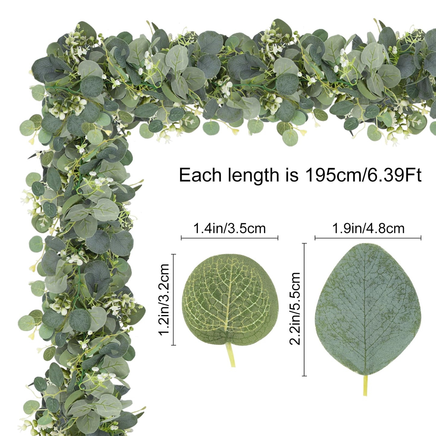 2 Stück 1,95m Eukalyptus Deko, Verschlüsselt Künstliche Eukalyptus Girlande Hängende Grüne Blätter Girlande Hängepflanze für Hochzeiten Partys Esstische Kaminsimse Treppen Türrahmen