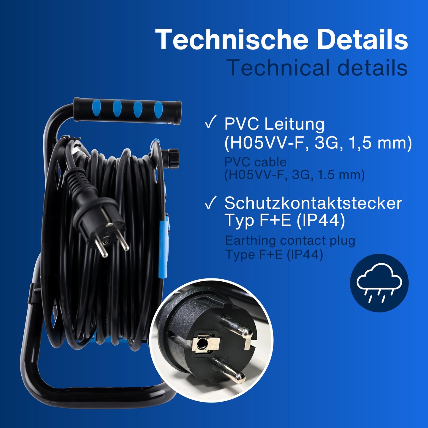 REV Kabeltrommel, IP44, Outdoor, 4 Schutzkontaktsteckdosen, 25m, schwarz