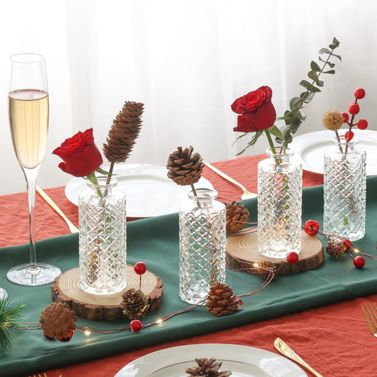 ComSaf Vase Klein Set 6-Teilig, Blumenvase, Vasen Deko Set, Kleine Glasvasen für Tischdeko, Mini Vasen Glas, Hochzeitsdeko, Diamant Knospenvasen, Teelichtgläser, 13cm Hoch, Transparent