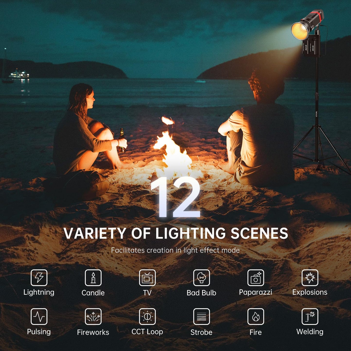 GVM 60W LED Videolicht mit Akku, APP-Steuerung COB Studiolicht LED, 2700K-6800K LED Fotografie Dauerlicht für Film Studio Video YouTube, LED Videolampe mit 12 Lichteffekten, 49300Lux/0,5m Fotolicht