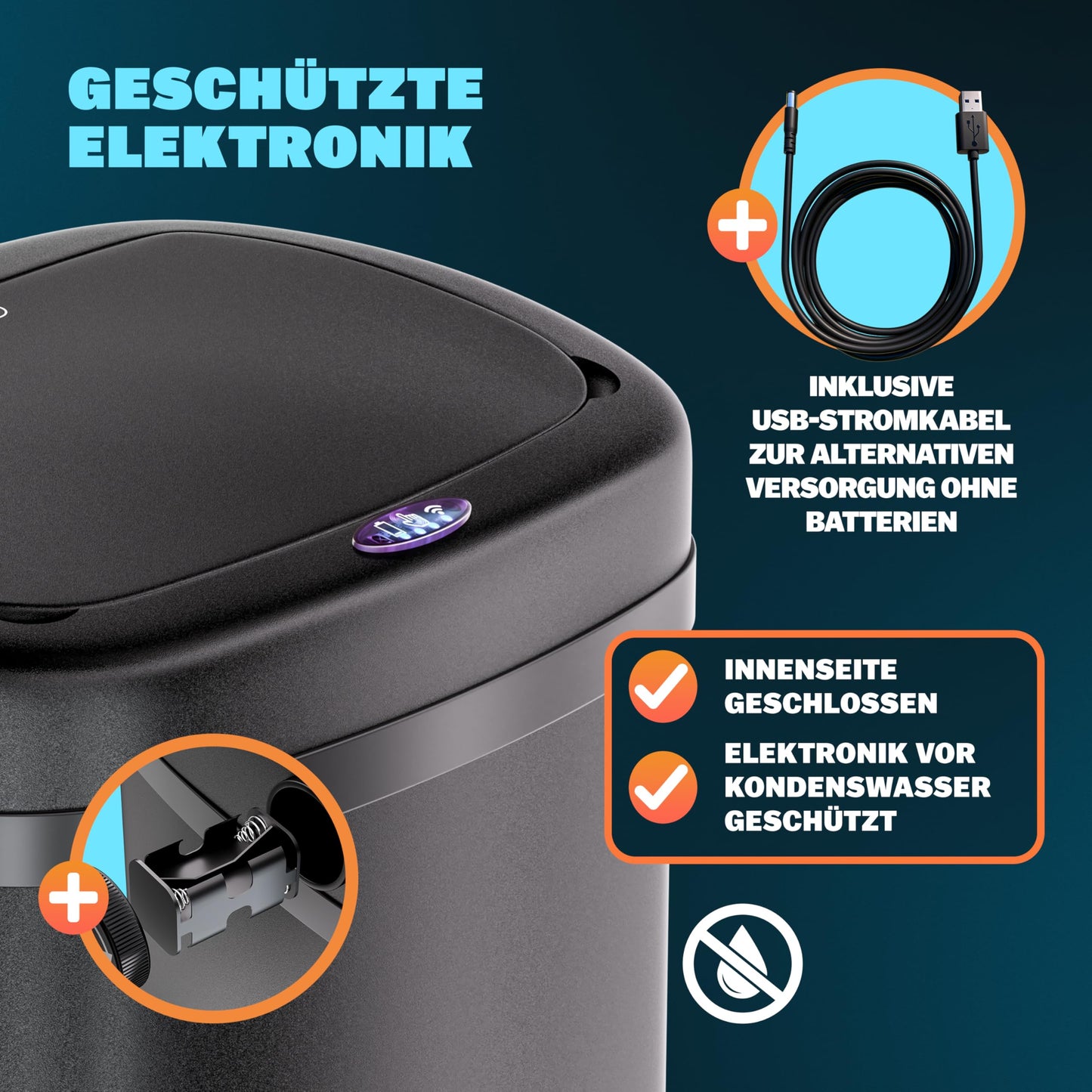 Monzana® Mülleimer mit Sensor Küche 50L Edelstahl Automatik Deckel Klemmring inkl. USB-Kabel Abfalleimer Groß Papierkorb LED Anzeige Schwarz