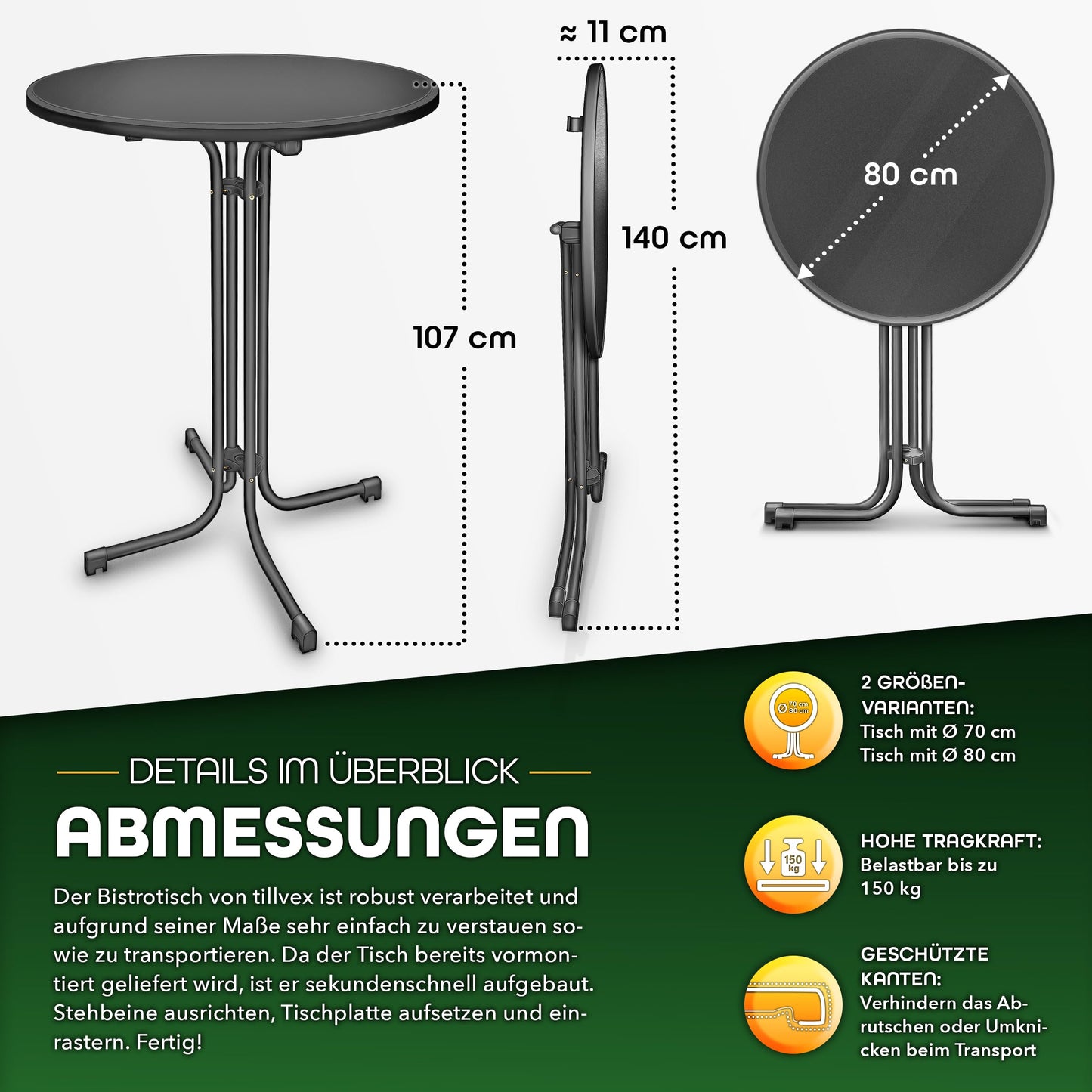 tillvex® Gastro Stehtisch klappbar 2er Set Ø80cm mit Husse | Bistrotisch FERTIG MONTIERT | Klapptisch rund - wetterfester Partytisch | Gartentisch Indoor & Outdoor