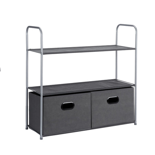 Amazon Basics Schrank-Organisationssystem mit DREI Regalböden aus Stoff und Zwei Zusammenschiebbaren Oben Offenen Behältern, 32.7" x 12.2" x 31", Grau