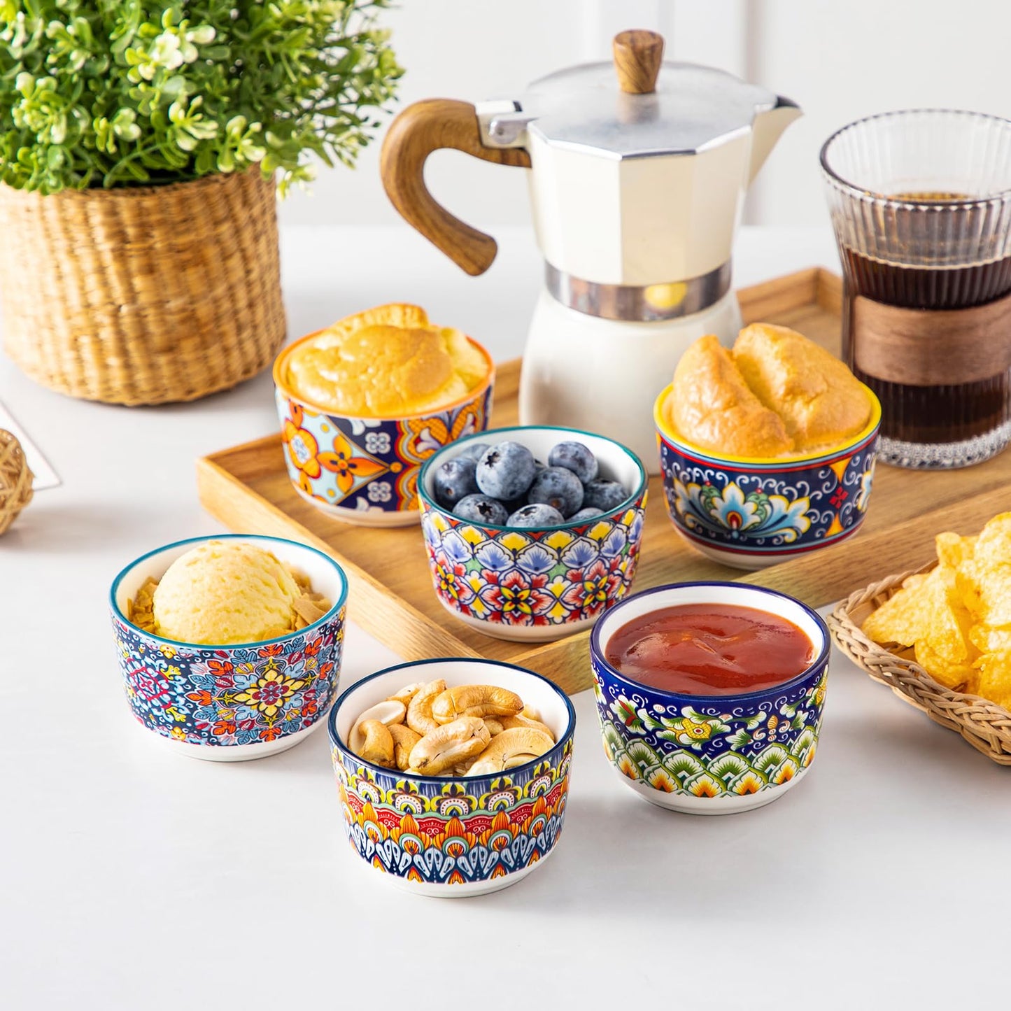 vancasso Serie SIMI, Souffle Förmchen zum Backen 6er Set, 120ml Creme Brulee Schälchen, Souffleeförmchen Backofenfest, Ofenfeste Creme Brulee Schalen, Vibrant Bohemian Mini Auflaufform