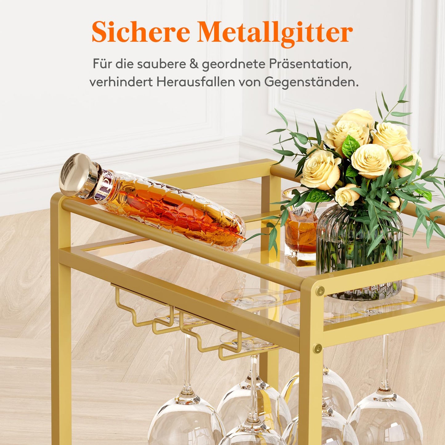 Lifewit Servierwagen, Barwagen auf blockierbaren Rädern, rollender Küchenwagen mit 2 verspiegelten Ebenen, Wein Spirituosen Wagen mit Glashalter, Cocktail Barwagen für Küche & Wohnzimmer, Gold