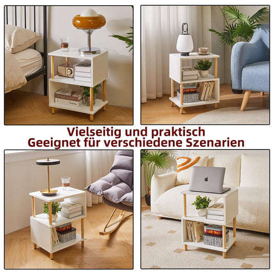Aibiju Beistelltisch Weiß, Schmaler Nachttisch mit 2 Ablagen, Sofa- oder Kaffeetisch für Schlafzimmer, Wohnzimmer, Weiß mit Holzbeinen