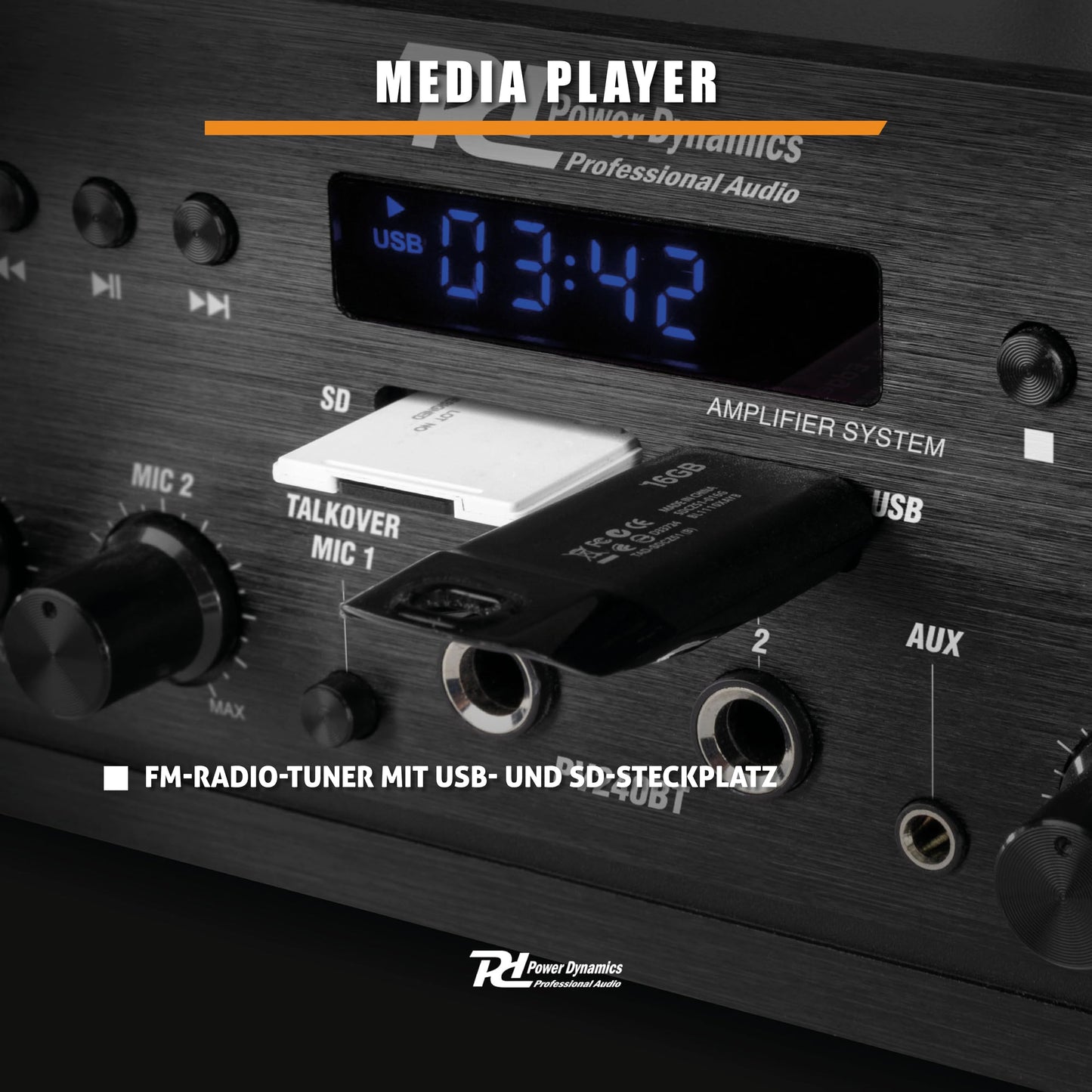 Power Dynamics PV240BT - 4 Kanal Stereo Verstärker Bluetooth, 400 Watt Amplifier Hifi Receiver, Fernbedienung, FM Radio, USB, SD, MP3, 2x Mikrofon Anschlüsse mit Echo, Talkover Funktion - Schwarz