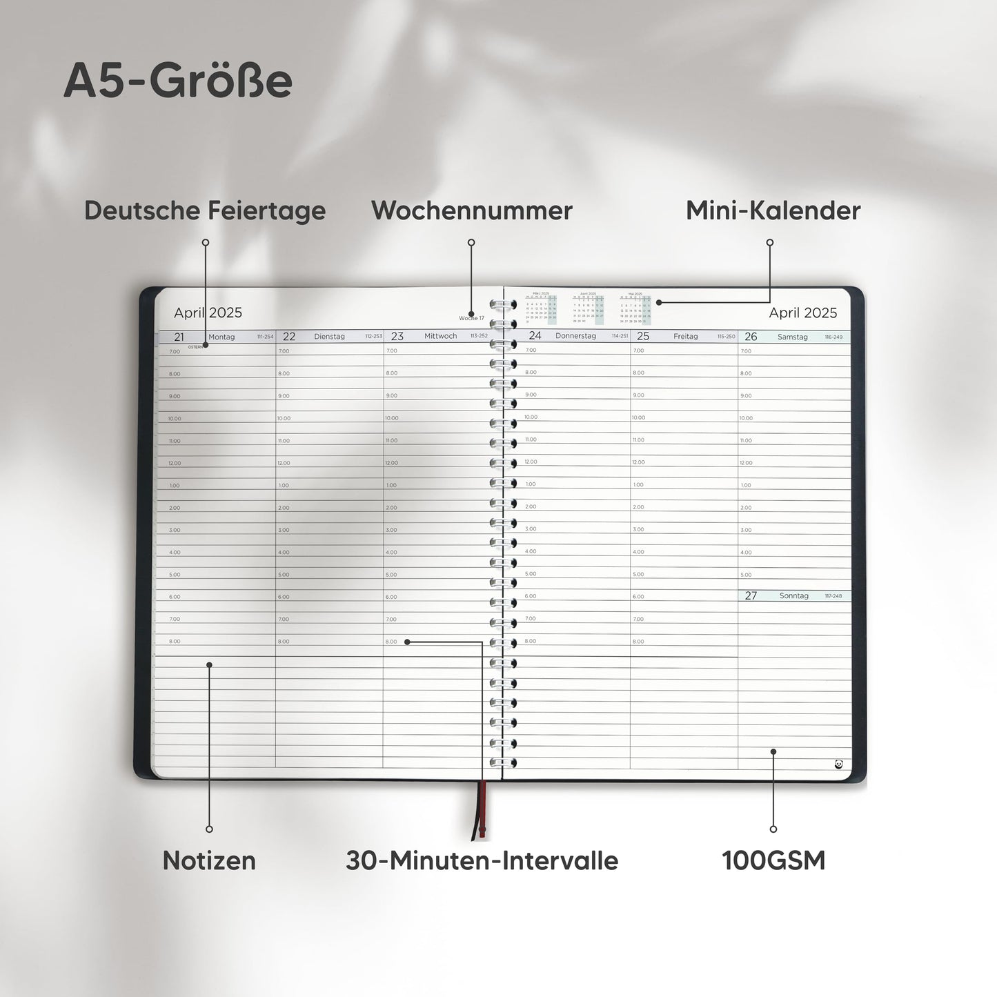 Terminplaner 2025 A5 von Smart Panda – Wochenplaner A5, Kalender 2025 – Softcover Tagebuch, 30 Minuten-Intervalle – Terminkalender, Planer 2025 – auf Deutsch