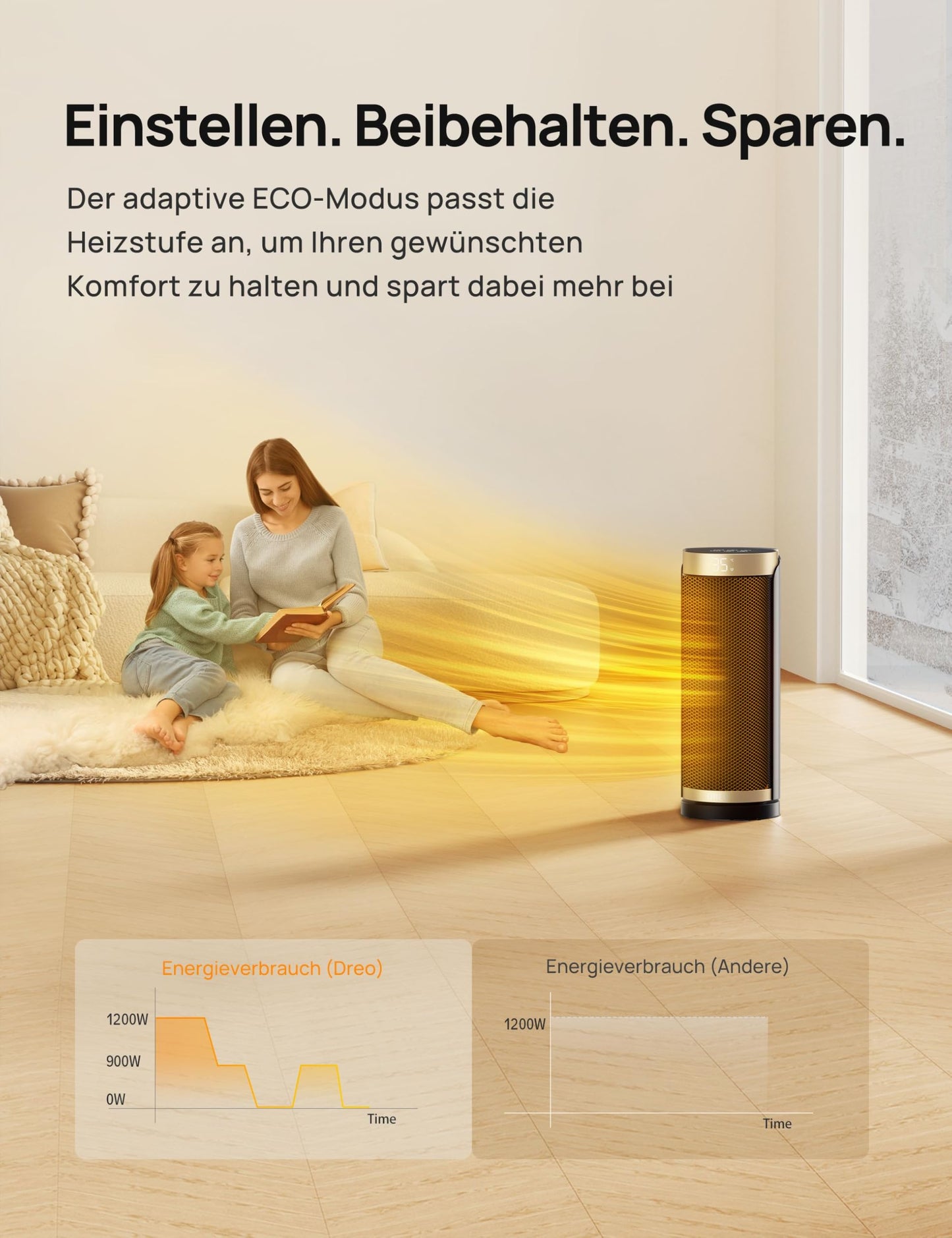 Dreo Heizlüfter Energiesparend, PTC Keramik Heizlüfte Leise, 70° Oszillierend Elektroheizung mit Fernbedienung, 12-Std-Timer, 3 Modus 3 Geschwindigkeit, Überhitzungs-Kippschutz, Solaris Slim H3