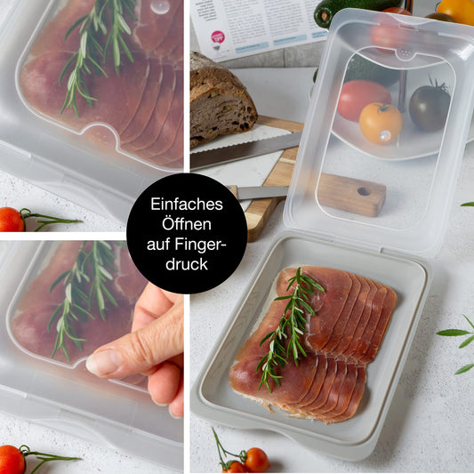 Moritz & Moritz 4er Set Aufschnittbox stapelbar – Frischhaltedosen mit Deckel zur Aufbewahrung von Wurst, Käse, uvm. – inkl. Tafelsticker zum Beschriften