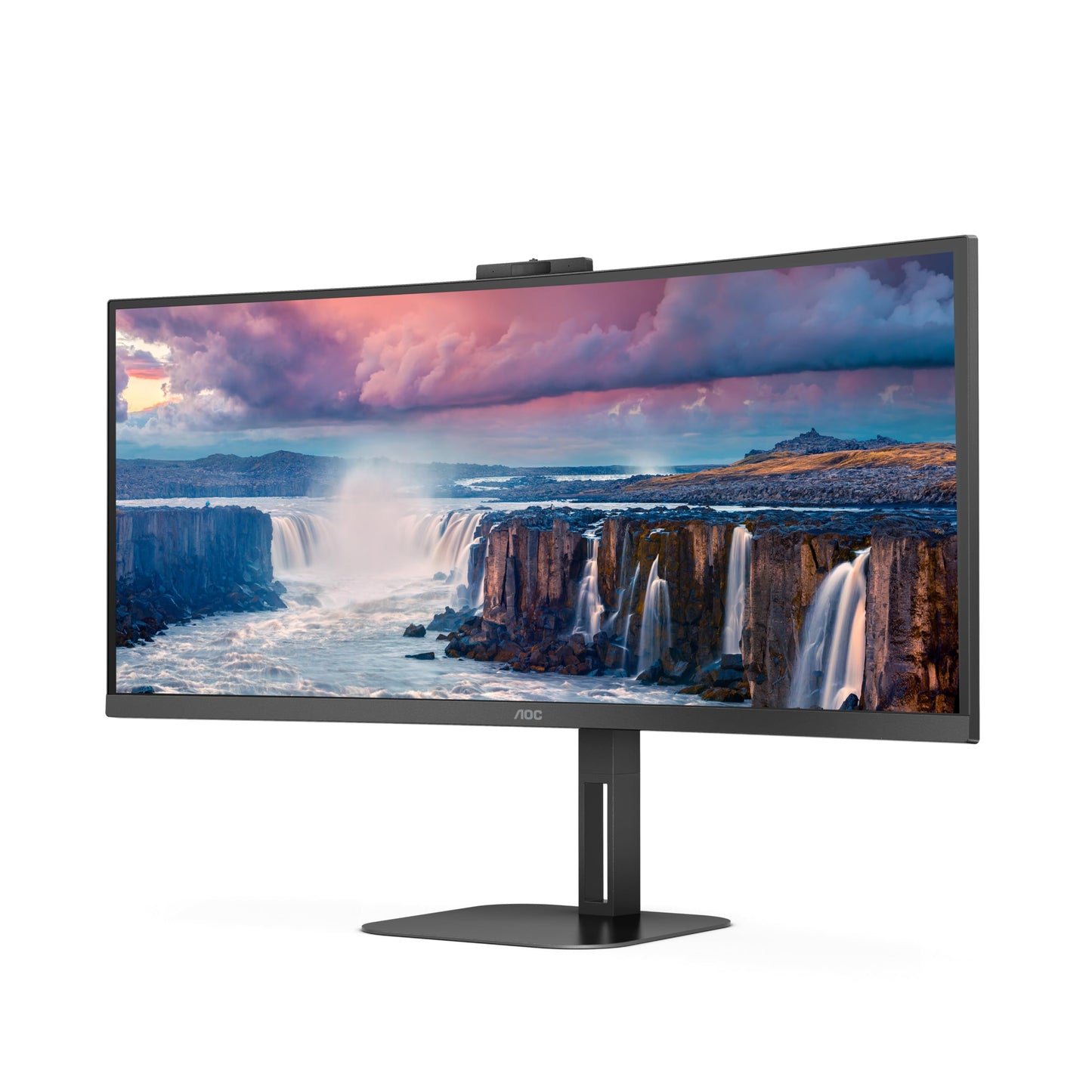 AOC CU34V5CW - 34 Zoll WQHD Curved Monitor, 2 MP Webcam, Lautsprecher, höhenverstellbar (3440x1440, 100 Hz, HDMI, DisplayPort, USB-C, USB Hub) schwarz