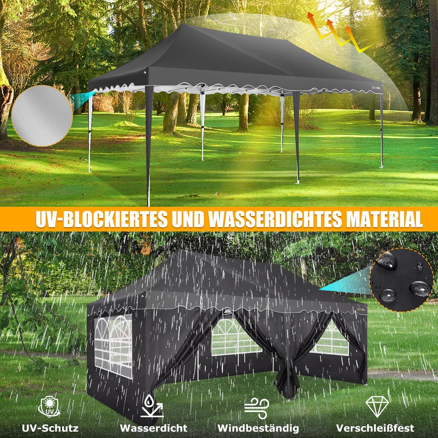 HOTEEL Pavillon 3x6 Faltpavillon 3x6 Wasserdicht Stabil, Partyzelt Faltbar Anti-UV 50+ Pop Up Gartenpavillon mit 6 Seitenwänden, 4 Sandsäcke, Tasche mit Rollen, für Hochzeiten Partys Markt, Schwarz