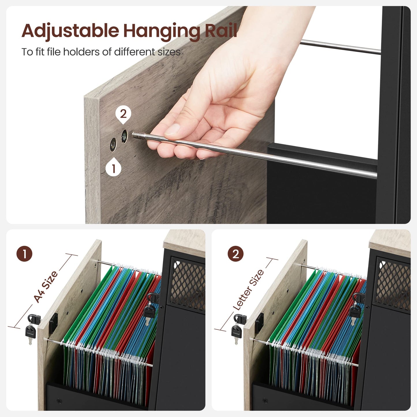 VASAGLE Rollcontainer, Aktenschrank mit 2 Schubladen, mobiler Büroschrank mit Rädern, offenes Fach, Hängeregistratur, Stahlgestell, Industrie-Design, greige meliert-tintenschwarz OFC077B02