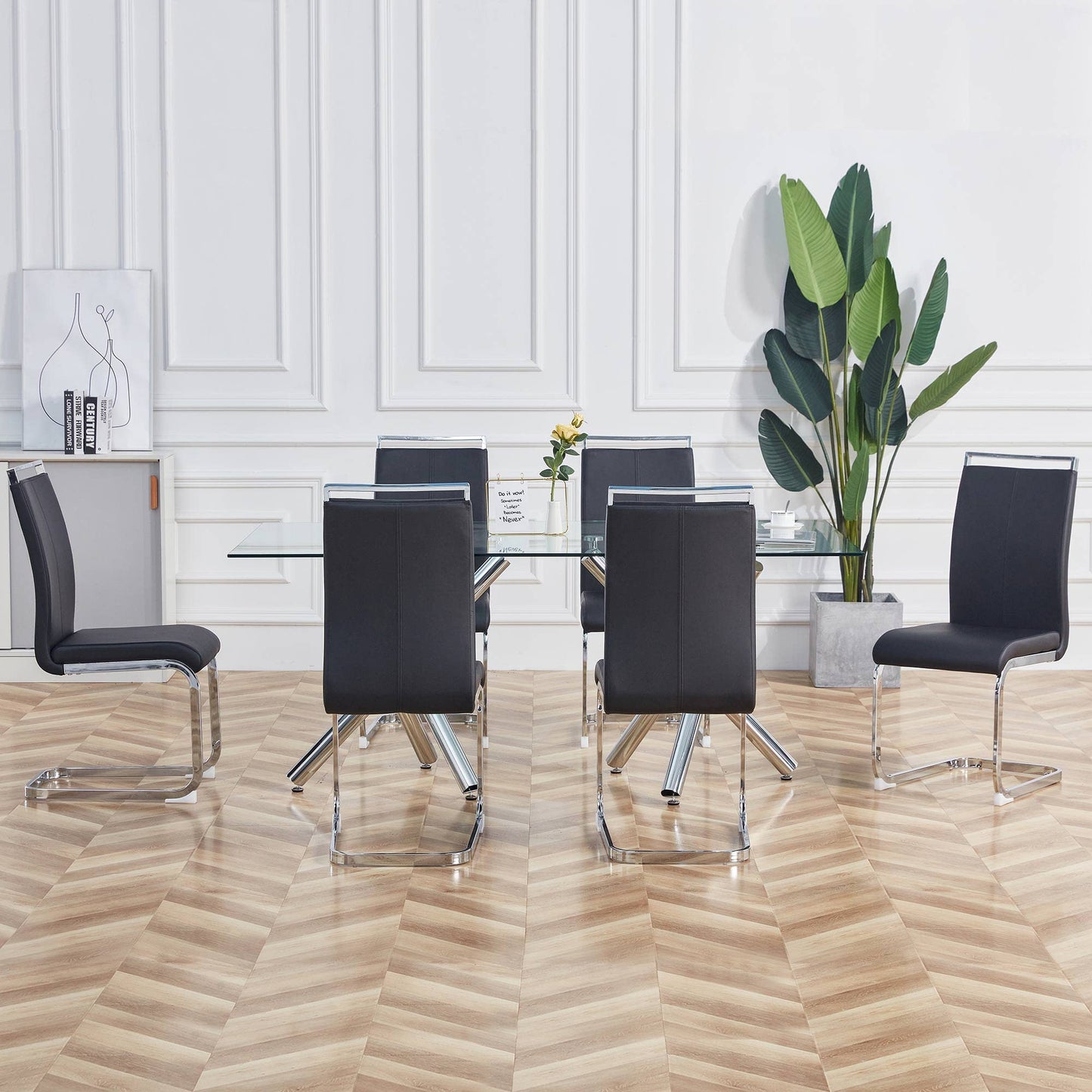 Merax Esszimmerstühle 4er Set, Freischwinger Schwingstuhl mit PU Kunstleder und hoher Rückenlehne, Moderner Küchenstuhl, Metallgestell, Polsterstuhl für Wohnzimmer Konferenzraum, Schwarz
