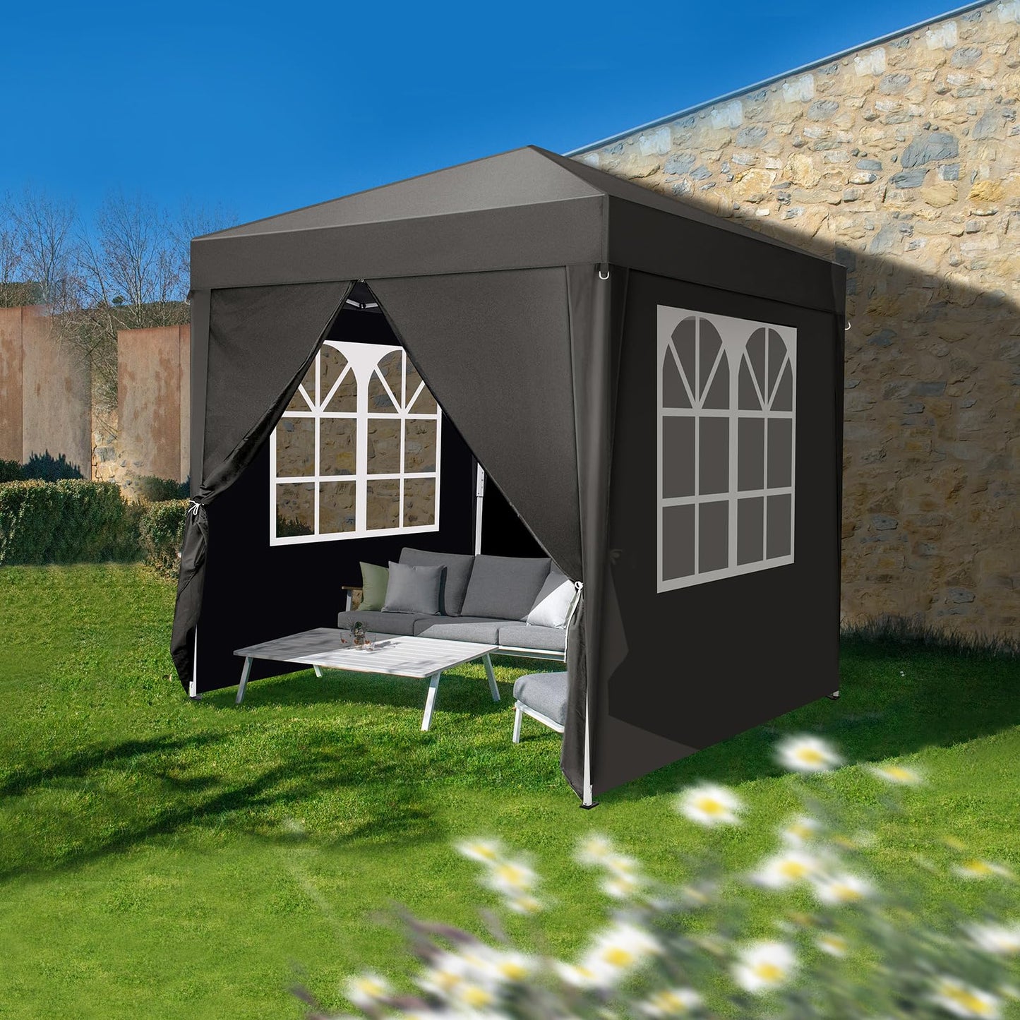 LEADZM 2x2m Pavillon,Pop-up,Winddicht,Wasserdicht,Faltpavillon,UV Schutz 50+,Höhenverstellbar,mit 4 Seitenteilen,für Outdoor, Garten, Party, Camping,Dunkelgrau