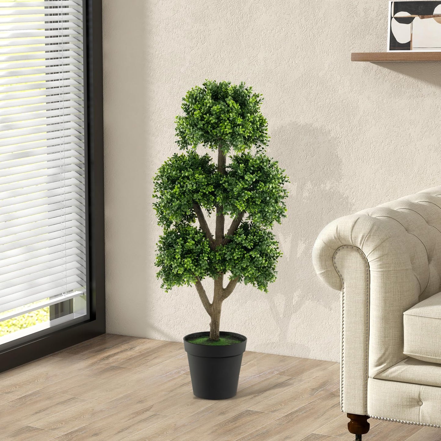 COSTWAY künstlicher Buchsbaum 115 cm, Kunstpflanze mit 5 Kugeln, Dekopflanze im Topf, Kugelbaum Grünpflanzen Kunstbaum, Zimmerpflanze Deko, für Zuhause Büro Garten Veranda, Grün