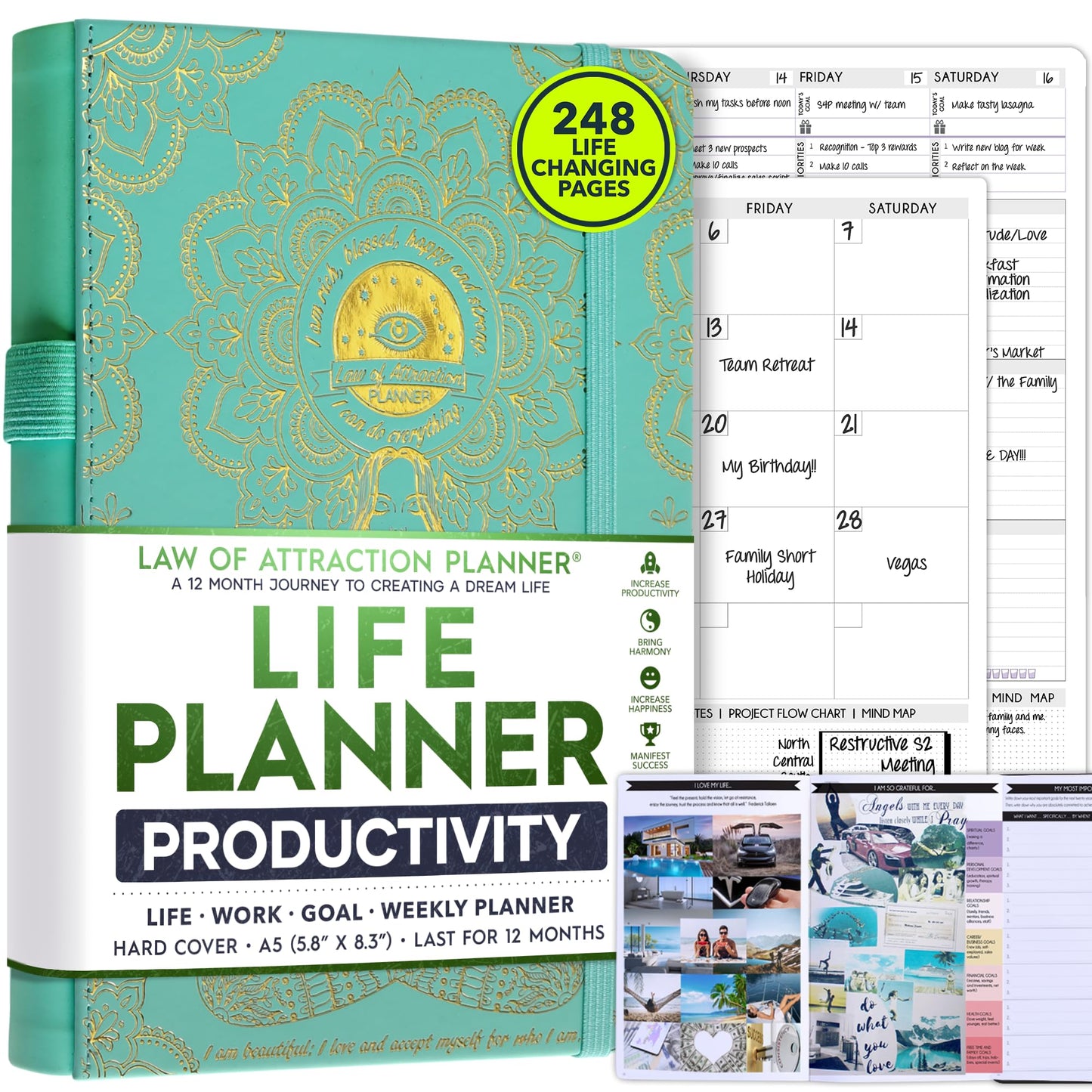 Law of Attraction Life & Goal Planner Lebensplaner - Undatierte Deluxe-Wochen- und Monatsplaner, eine 12-monatige Reise zur Steigerung von Produktivität und Glück