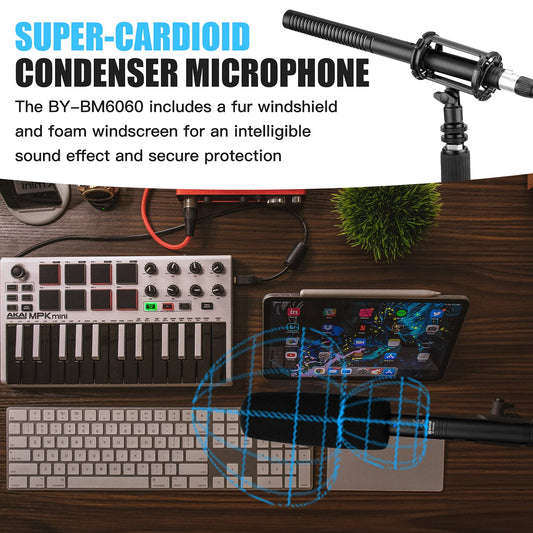 Boya XLR Shotgun Mikrofon BY-BM6060 Supernieren-Kondensatormikrofon mit 24 48V Phantomspeisung für Kamera Camcorder Film Interview TV Programm Aufnahme Podcast
